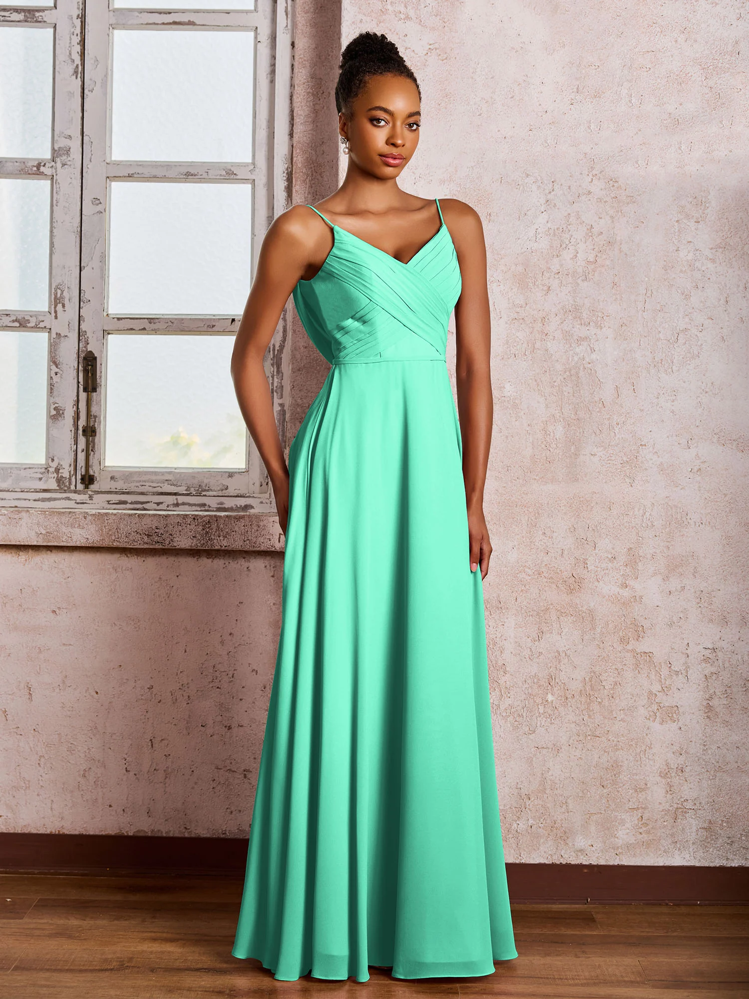 Spaghetti Straps V-neck Pleated A-line Chiffon Dresses Turquoise - Image 3