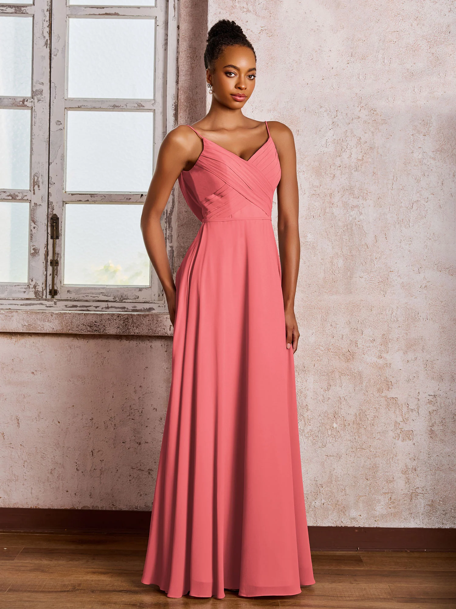 Spaghetti Straps V-neck Pleated A-line Chiffon Dresses Watermelon - Image 3
