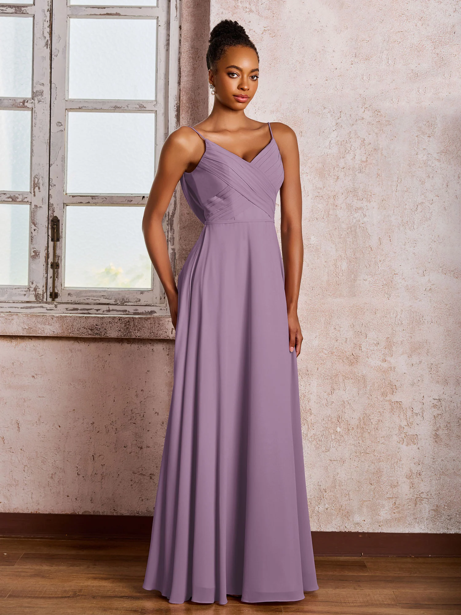 Spaghetti Straps V-neck Pleated A-line Chiffon Dresses Wisteria - Image 3