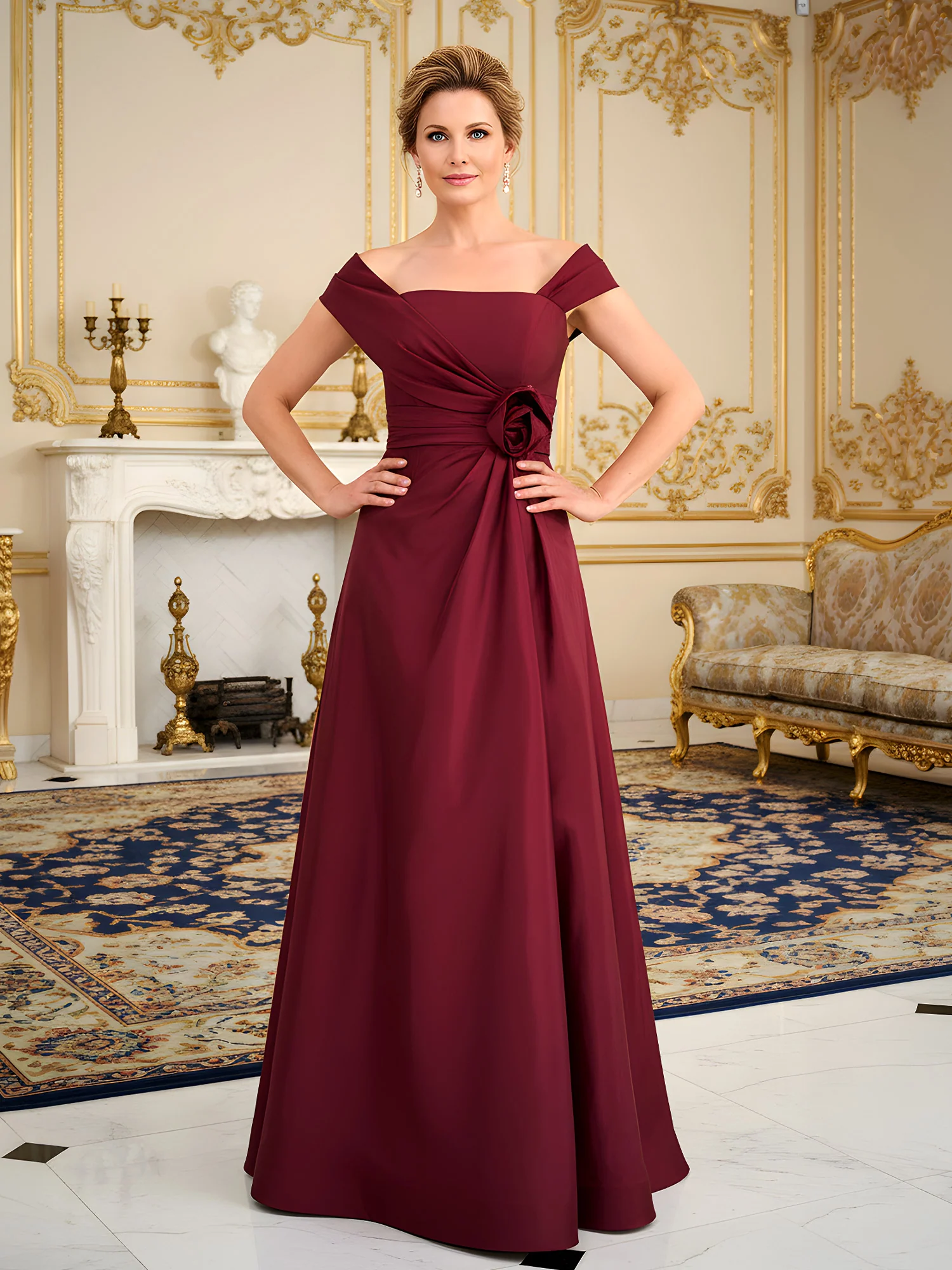 Square Neck A-Line Sweep Train Dress With Flower Burgundy