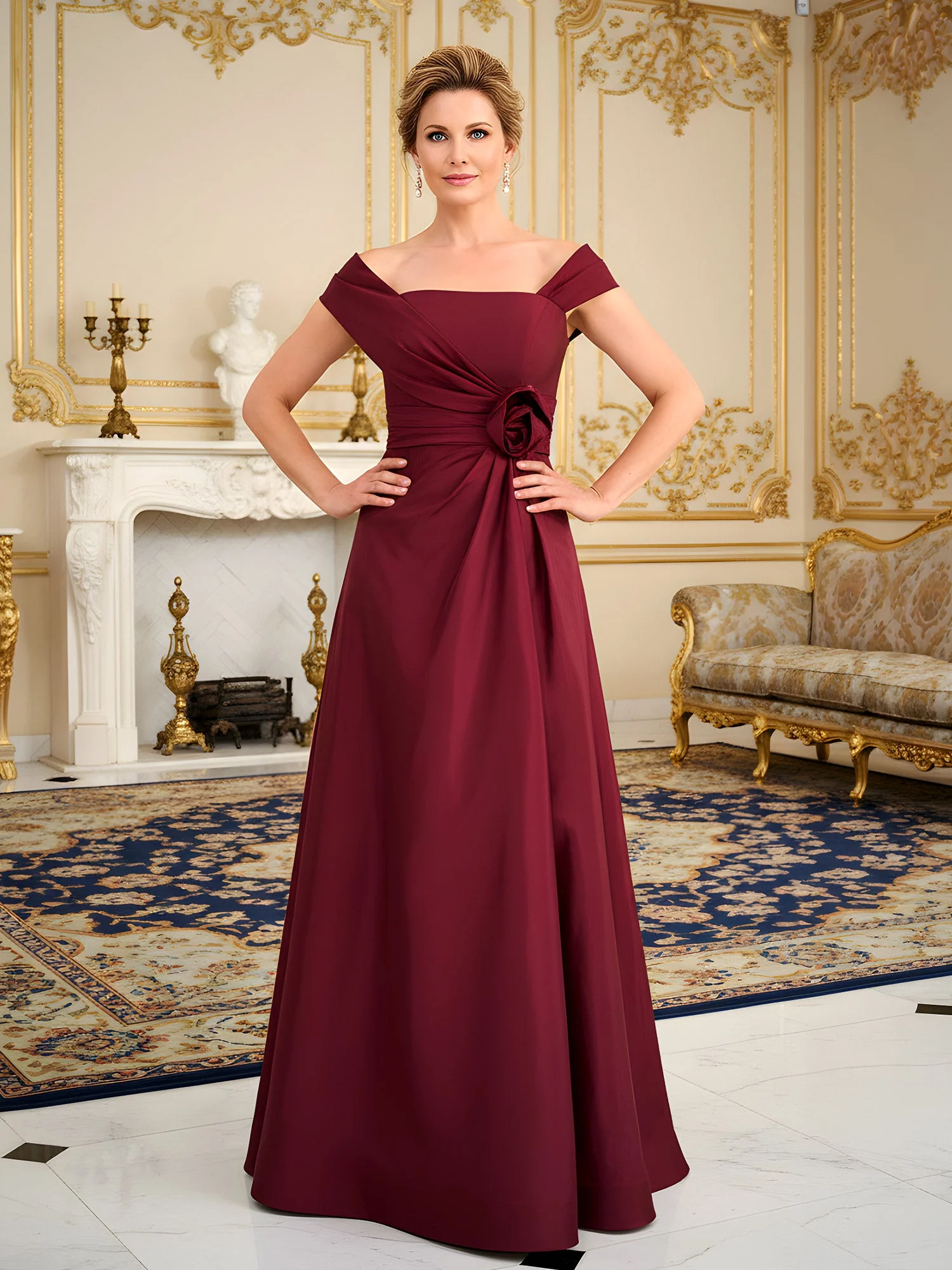 Square Neck A-Line Sweep Train Dress With Flower Wisteria