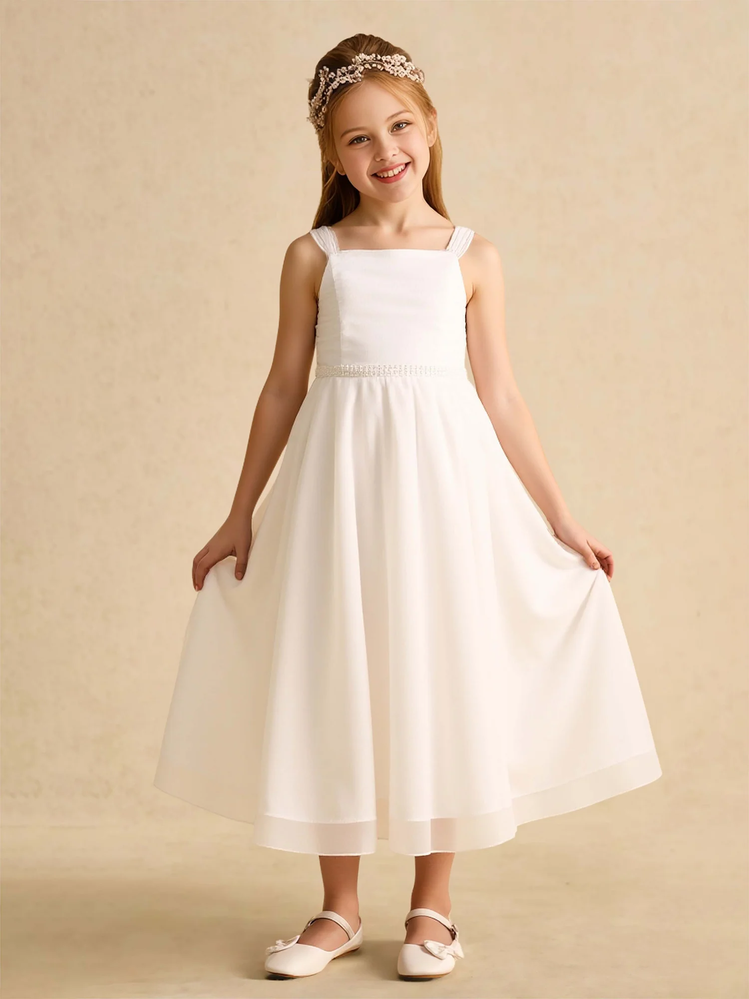 Square Neck A-Line Tulle Flower Girl Dress With Pearl Ivory