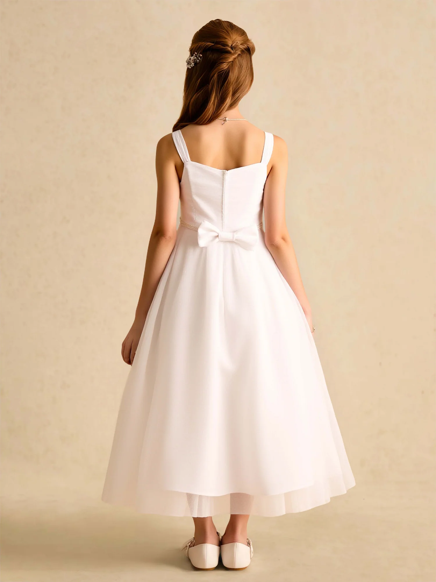 Square Neck A-Line Tulle Flower Girl Dress With Pearl Ivory - Image 2