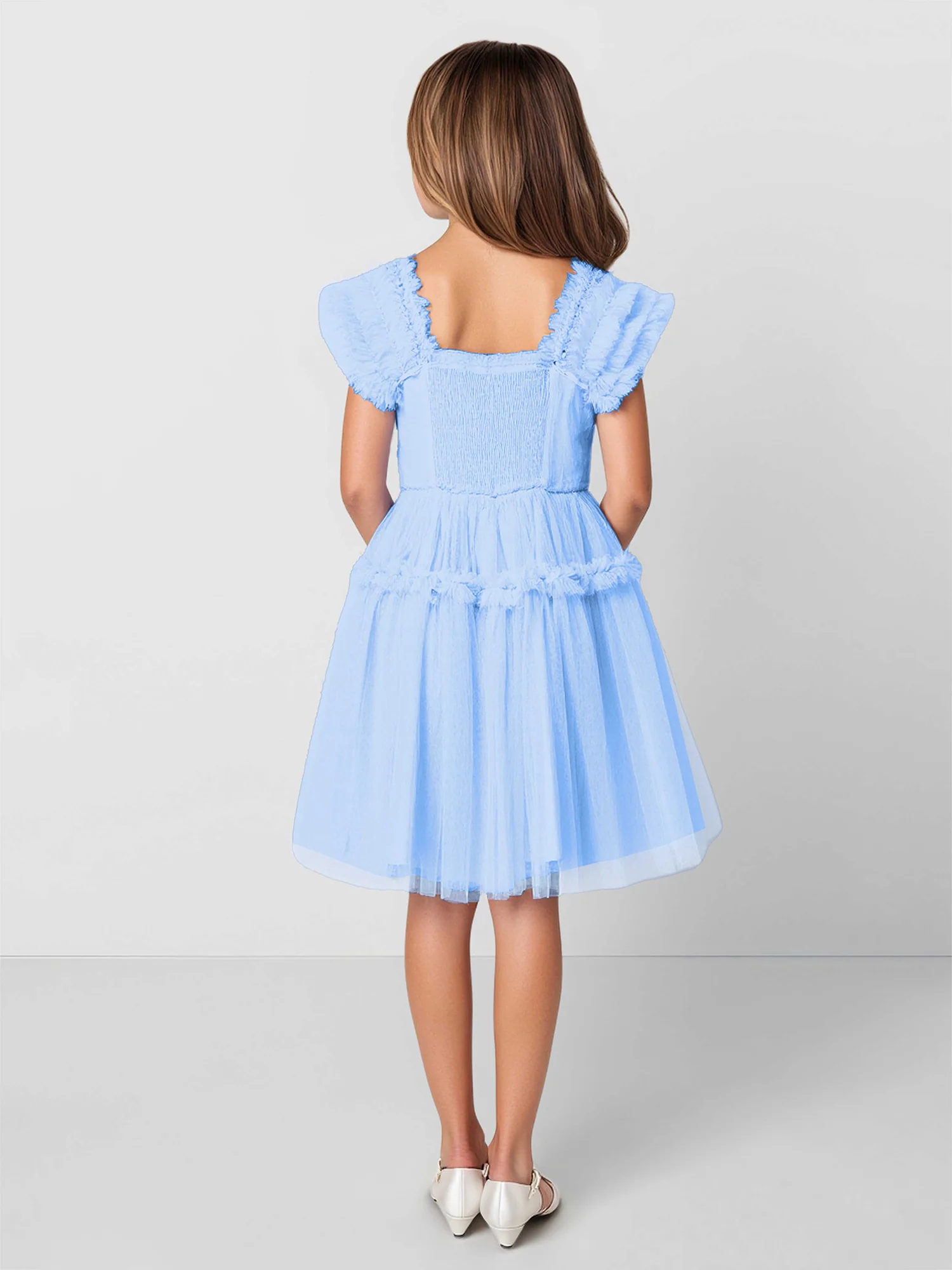 Square Neck A-Line Tulle Knee-Length Flower Girl Dress Blue - Image 2