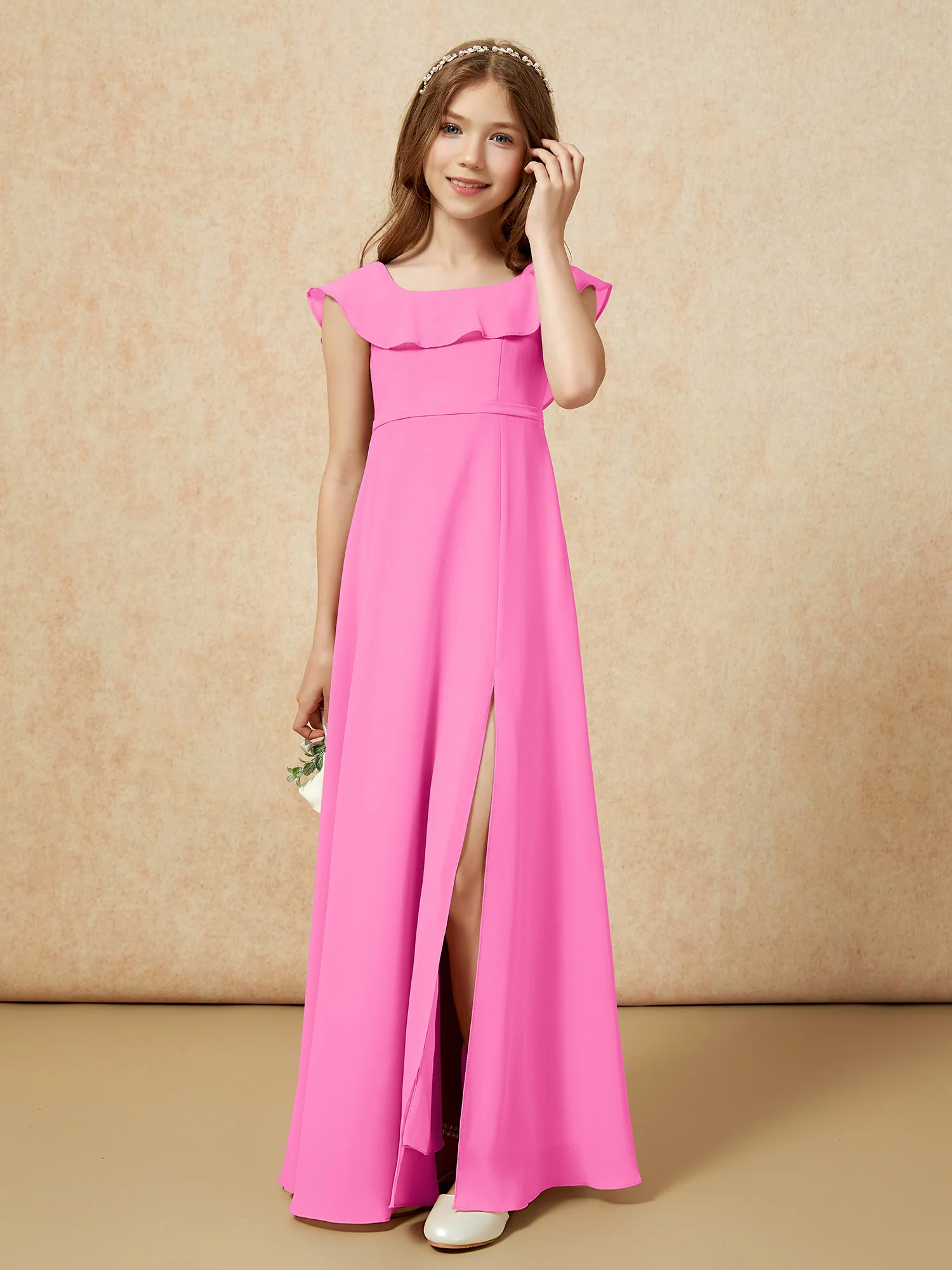 Square Neck Chiffon Junior Bridesmaid Dress With Slit Azalea