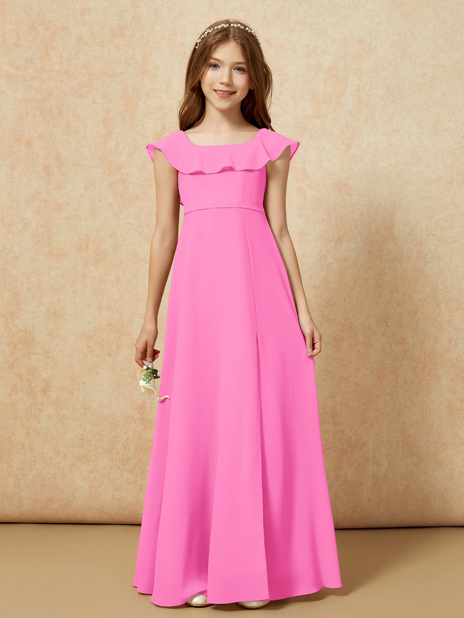 Square Neck Chiffon Junior Bridesmaid Dress With Slit Azalea - Image 4