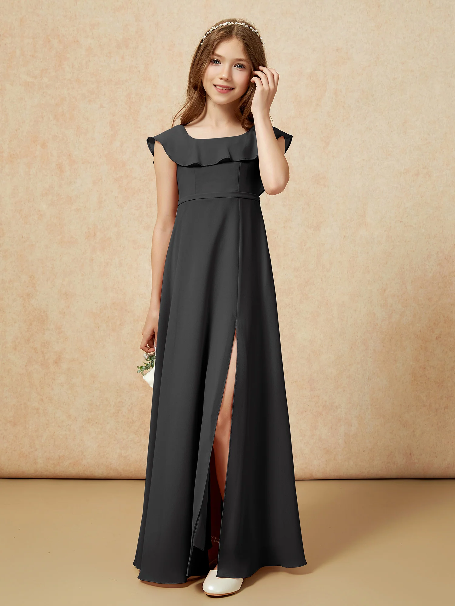 Square Neck Chiffon Junior Bridesmaid Dress With Slit Black