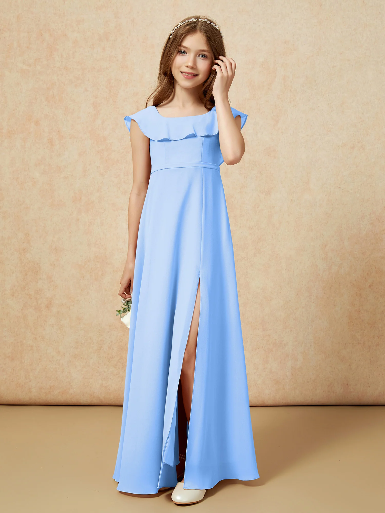 Square Neck Chiffon Junior Bridesmaid Dress With Slit Blue