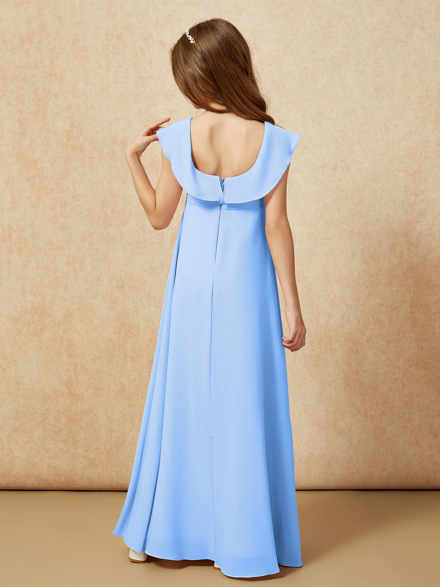 Square Neck Chiffon Junior Bridesmaid Dress With Slit Blue - Image 2