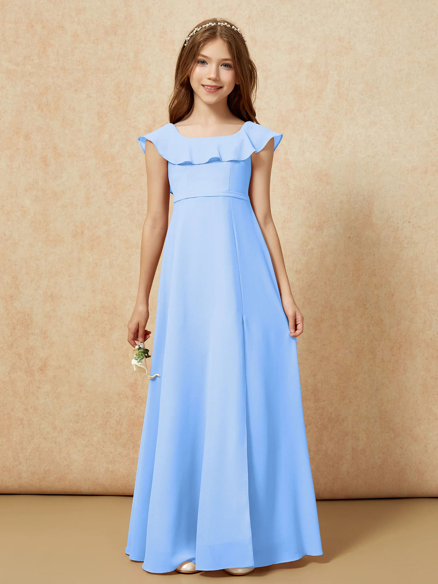 Square Neck Chiffon Junior Bridesmaid Dress With Slit Blue - Image 4