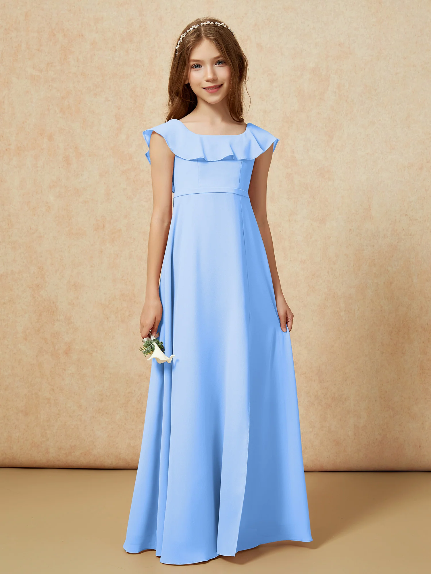 Square Neck Chiffon Junior Bridesmaid Dress With Slit Blue - Image 5
