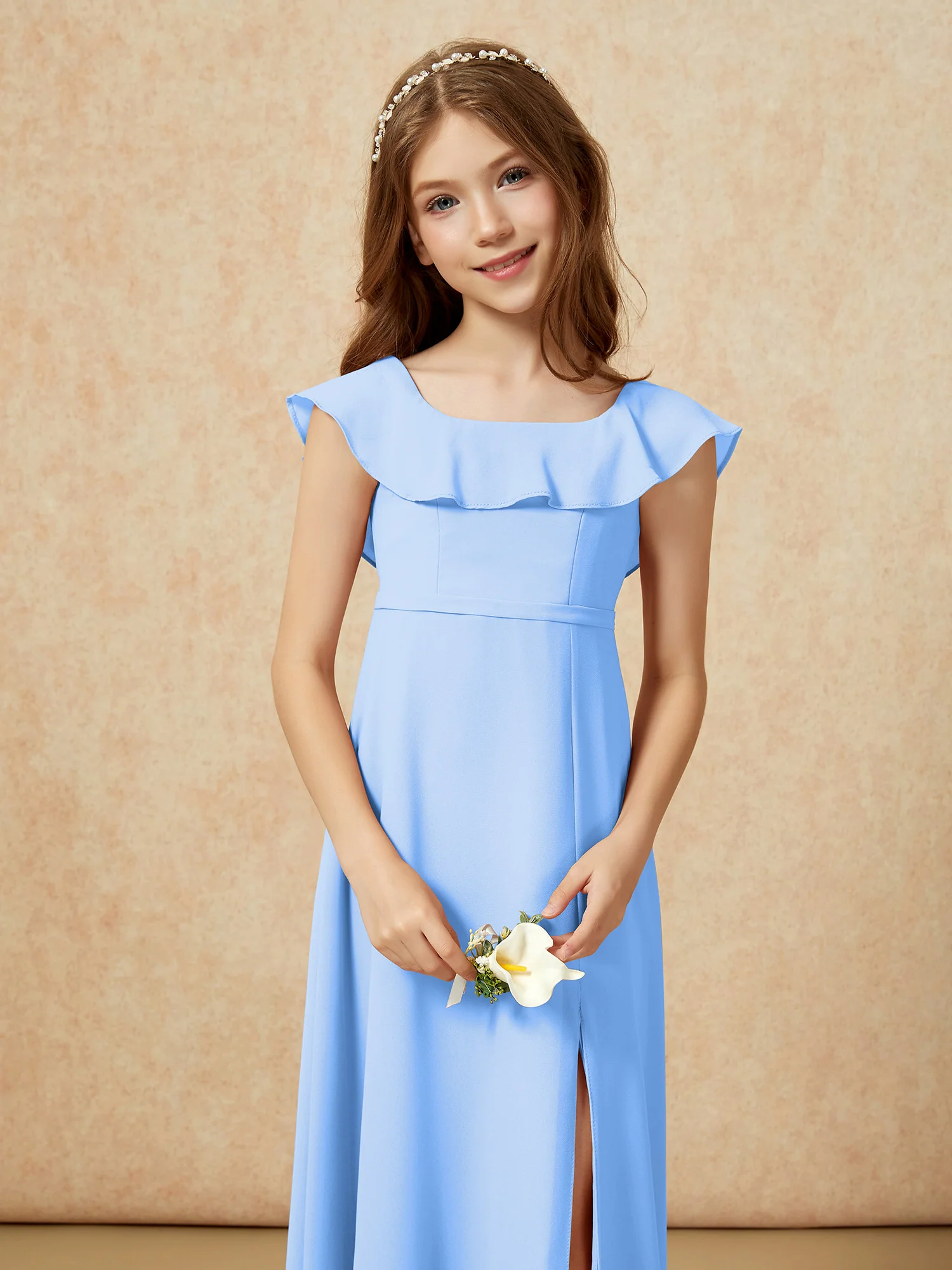 Square Neck Chiffon Junior Bridesmaid Dress With Slit Blue - Image 6