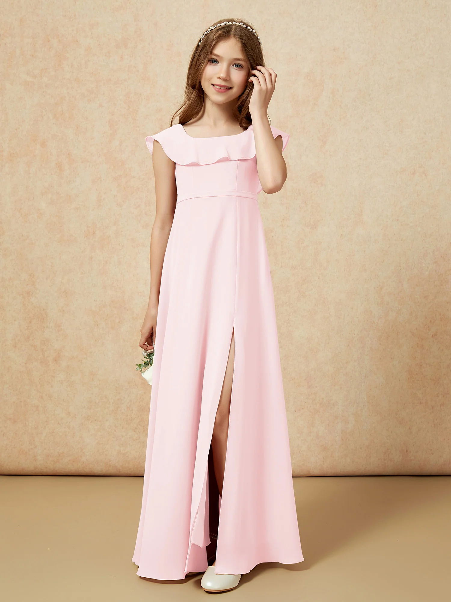 Square Neck Chiffon Junior Bridesmaid Dress With Slit Blushing Pink