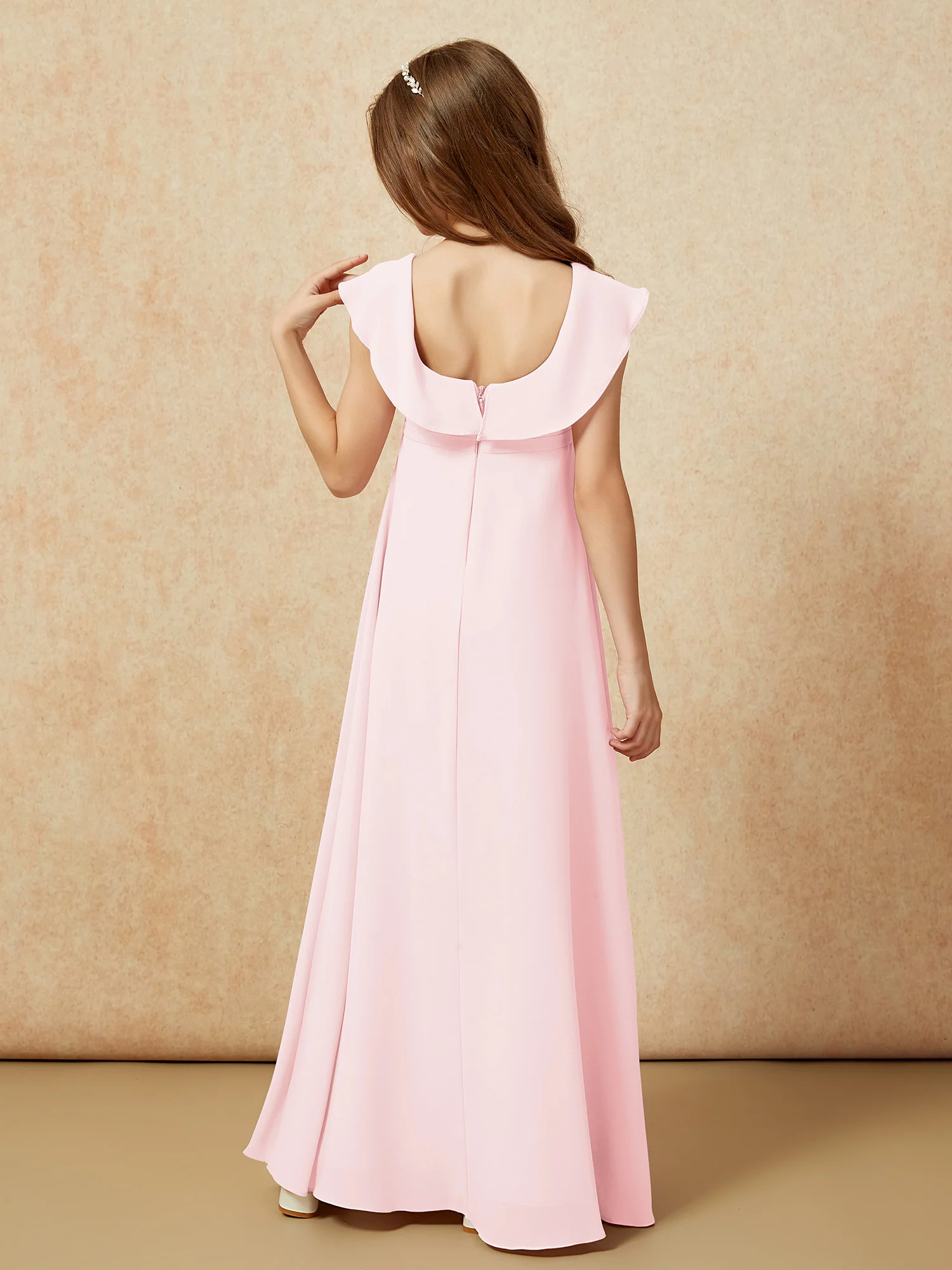 Square Neck Chiffon Junior Bridesmaid Dress With Slit Blushing Pink - Image 2