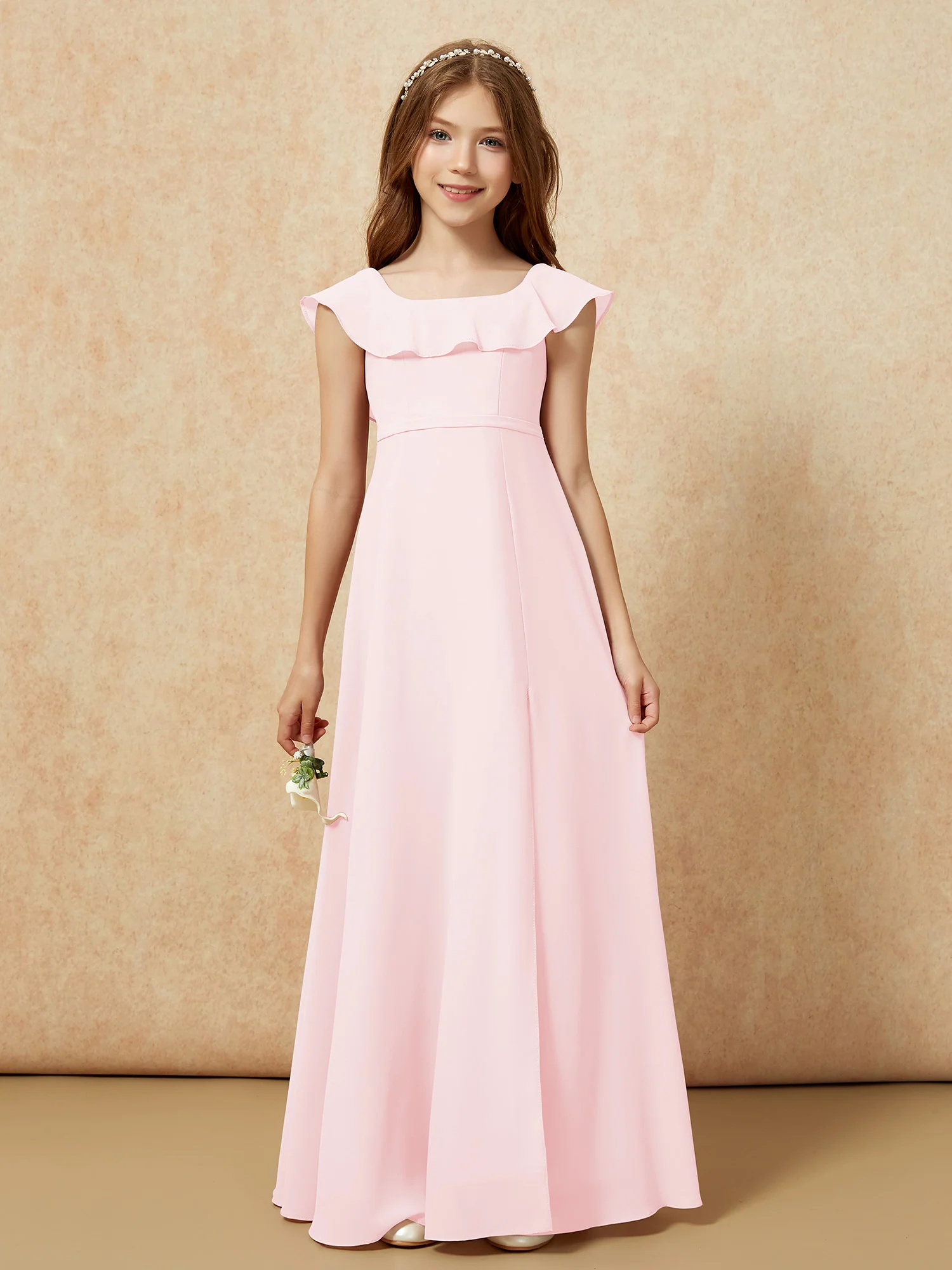 Square Neck Chiffon Junior Bridesmaid Dress With Slit Blushing Pink - Image 4