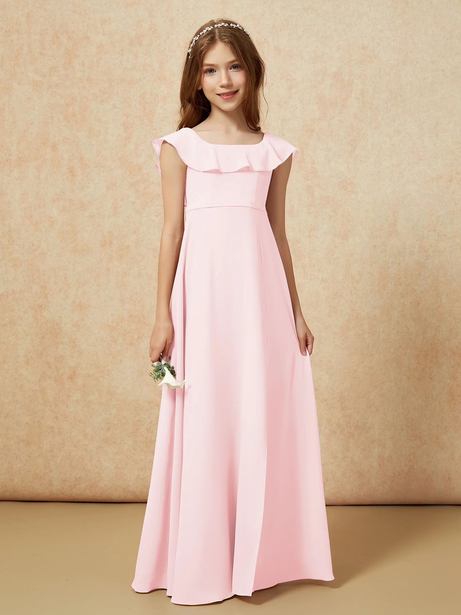Square Neck Chiffon Junior Bridesmaid Dress With Slit Blushing Pink - Image 5