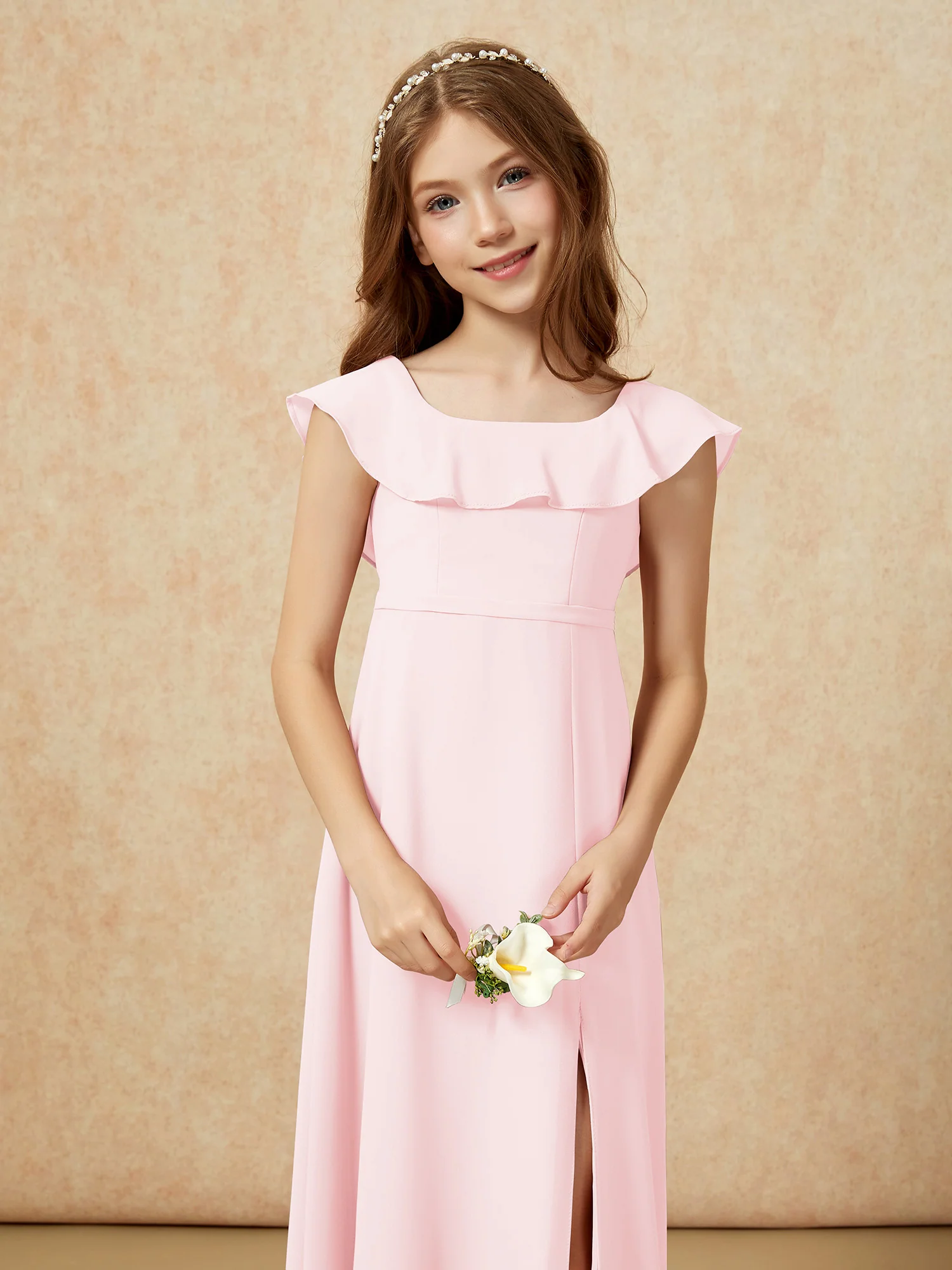 Square Neck Chiffon Junior Bridesmaid Dress With Slit Blushing Pink - Image 6