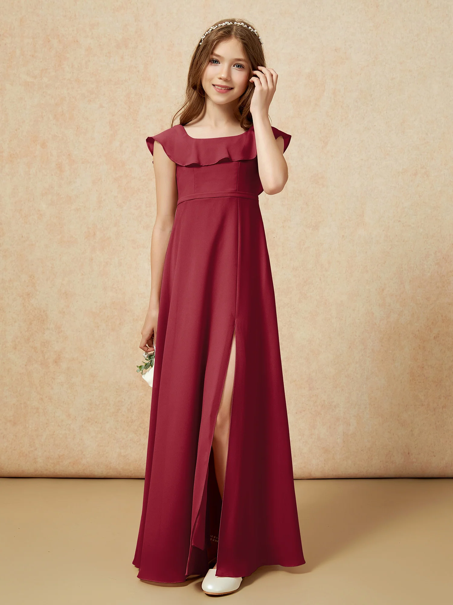 Square Neck Chiffon Junior Bridesmaid Dress With Slit Burgundy