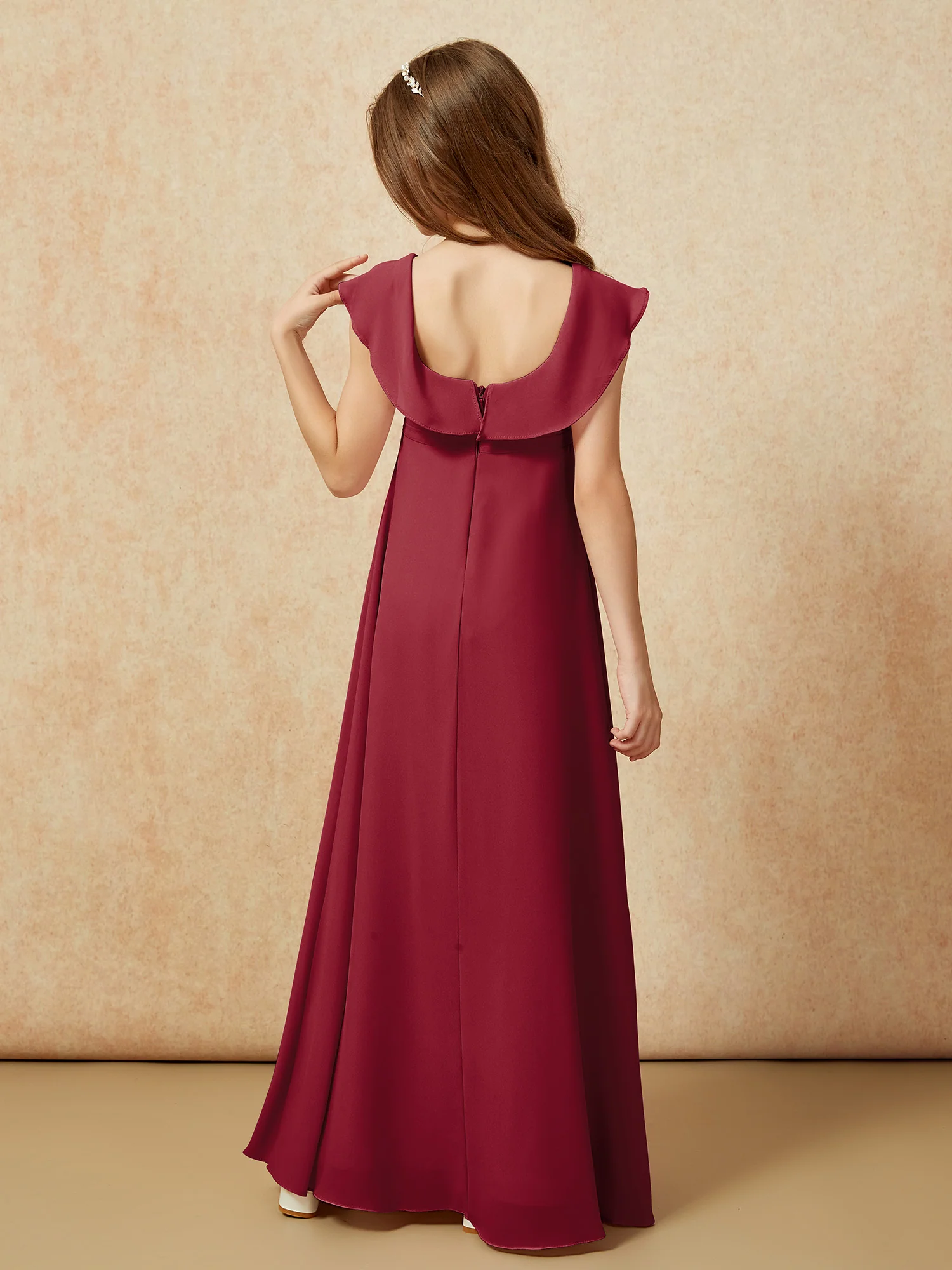 Square Neck Chiffon Junior Bridesmaid Dress With Slit Burgundy - Image 2