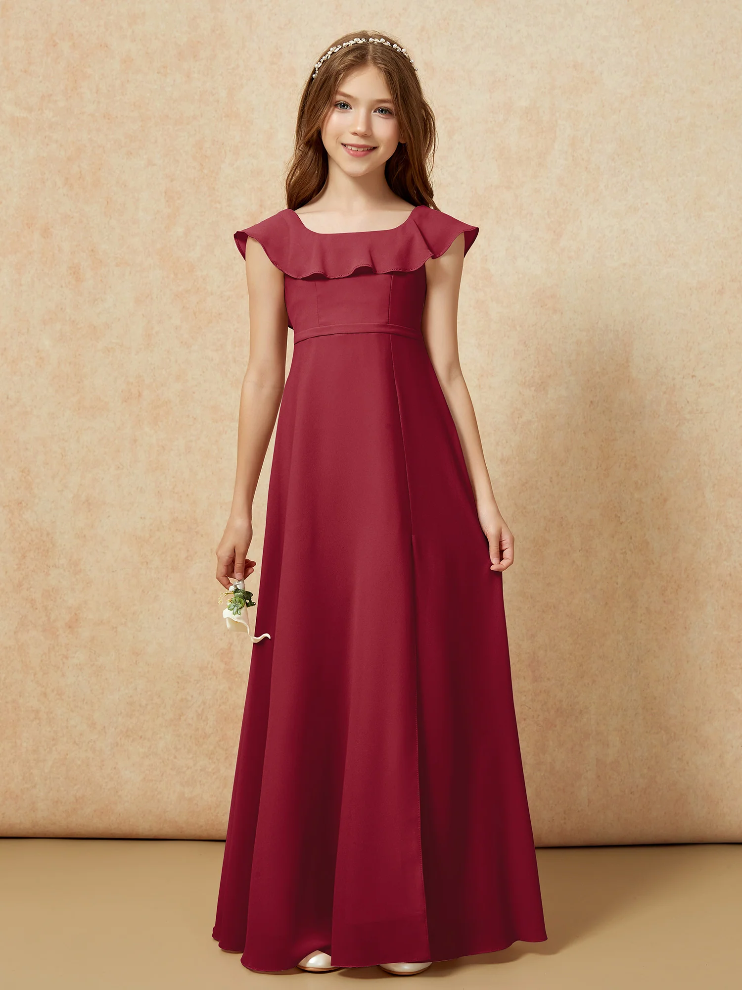Square Neck Chiffon Junior Bridesmaid Dress With Slit Burgundy - Image 4