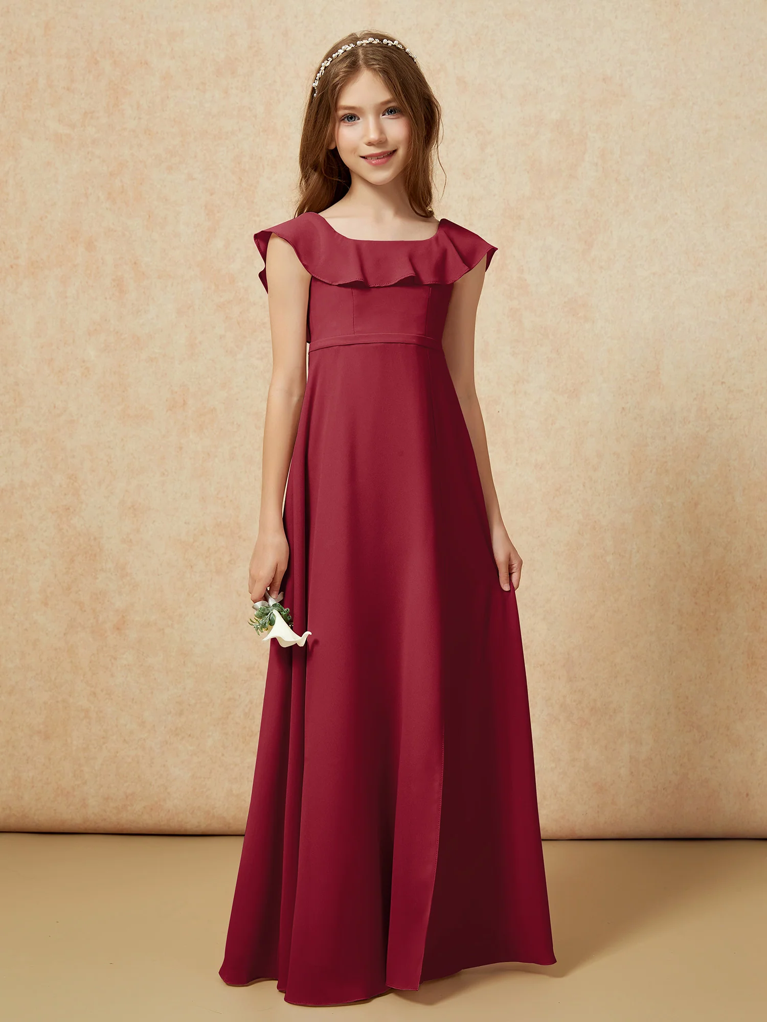 Square Neck Chiffon Junior Bridesmaid Dress With Slit Burgundy - Image 5