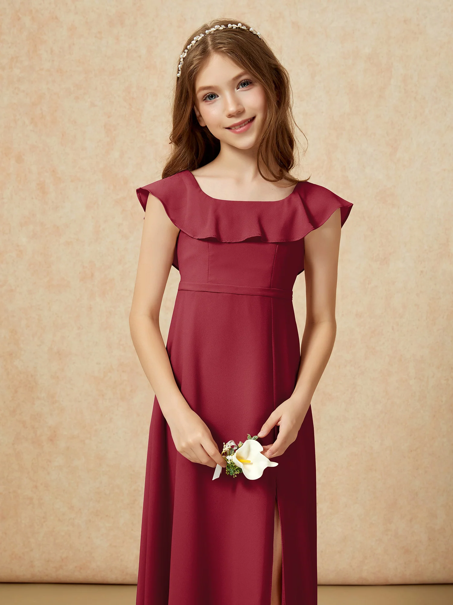 Square Neck Chiffon Junior Bridesmaid Dress With Slit Burgundy - Image 6