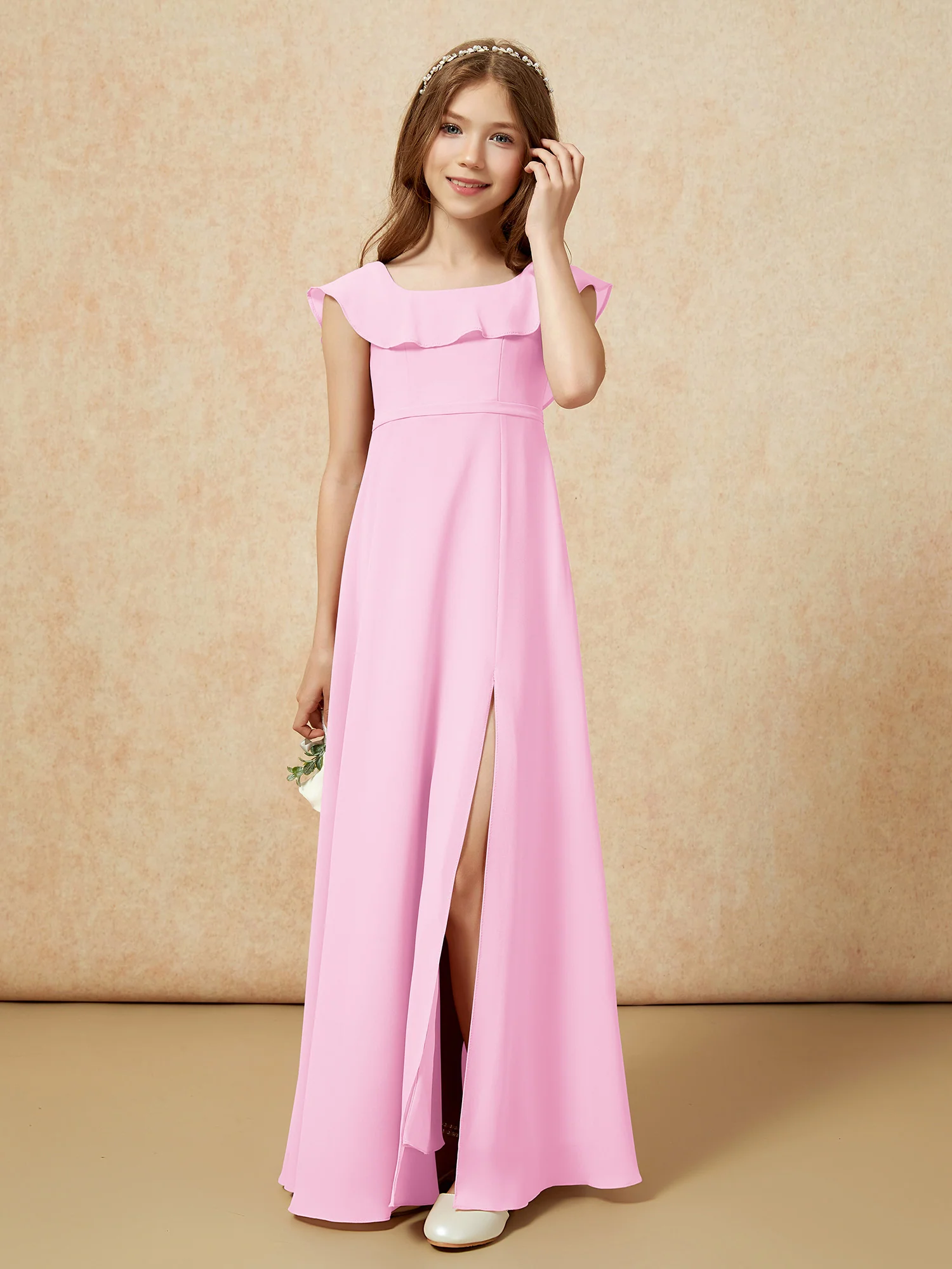 Square Neck Chiffon Junior Bridesmaid Dress With Slit Candy Pink