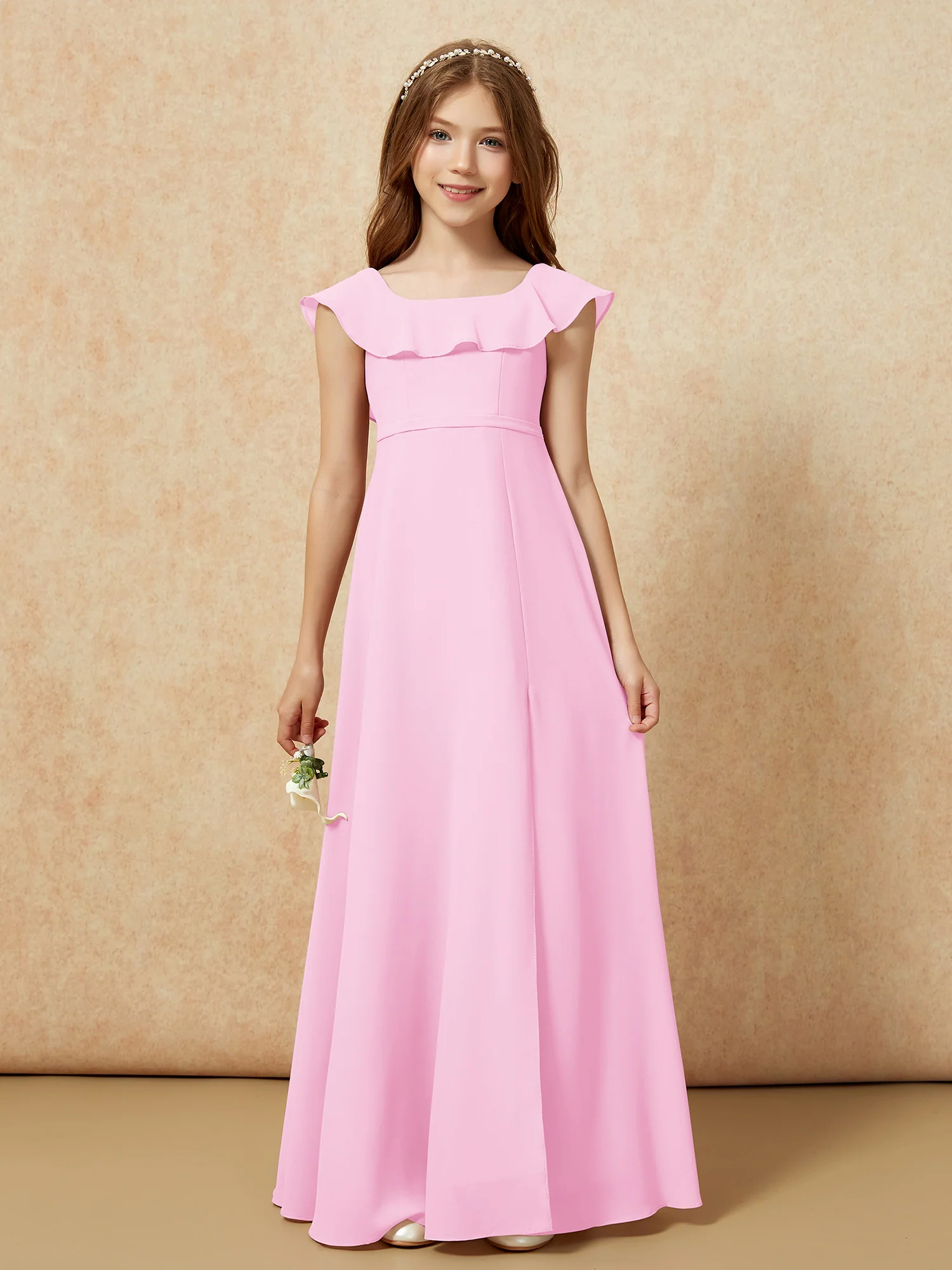 Square Neck Chiffon Junior Bridesmaid Dress With Slit Candy Pink - Image 4