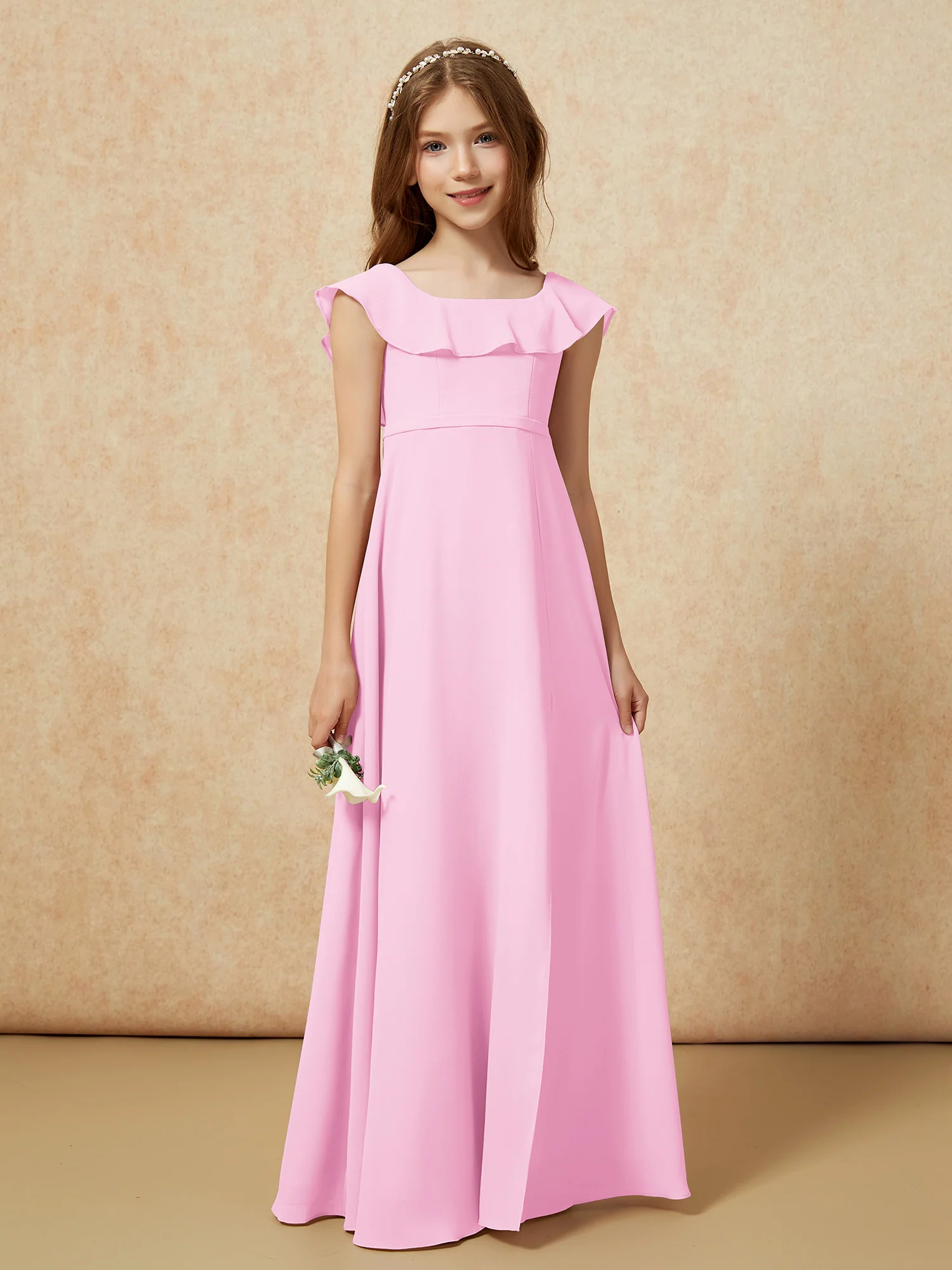 Square Neck Chiffon Junior Bridesmaid Dress With Slit Candy Pink - Image 5
