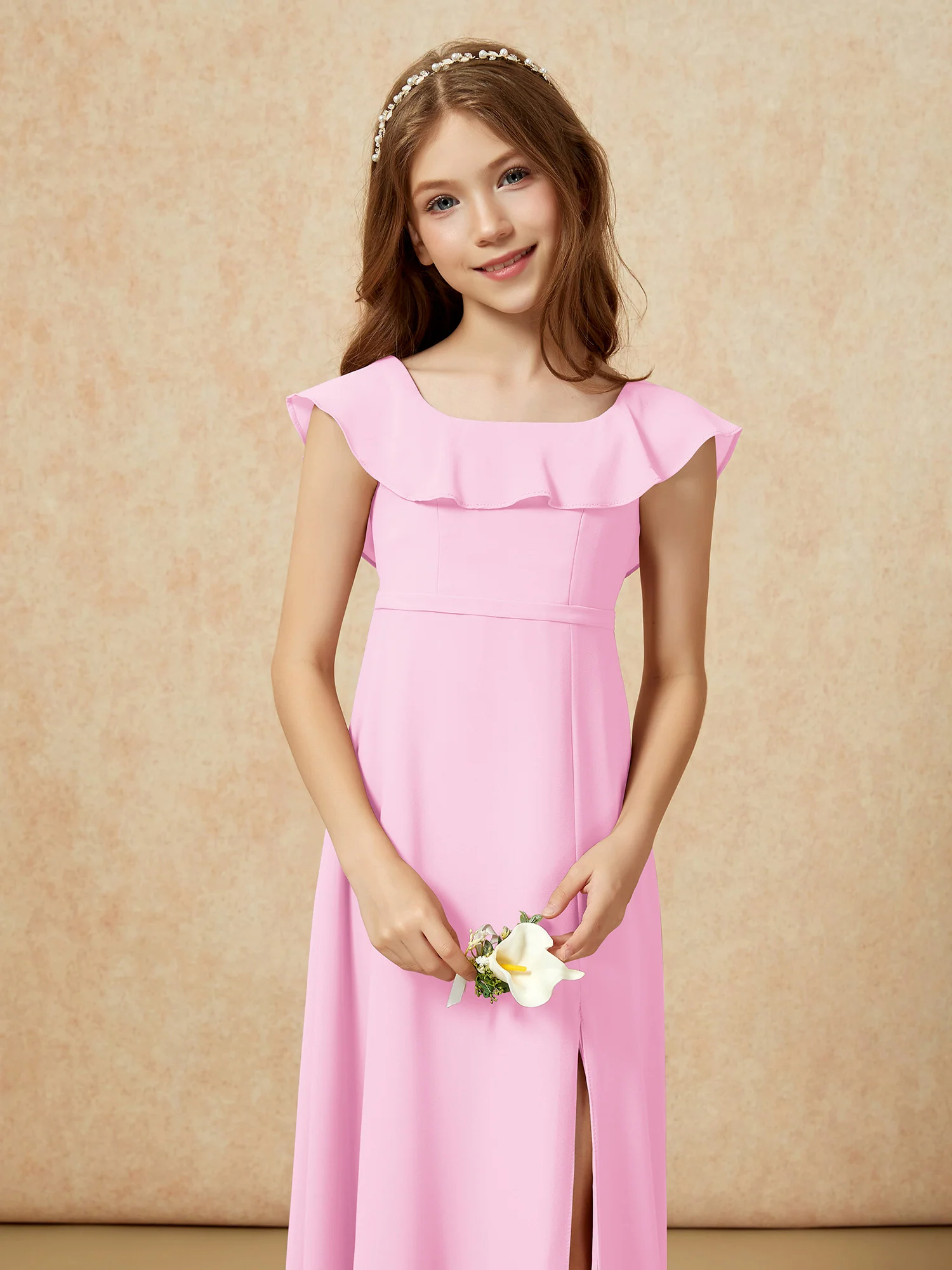 Square Neck Chiffon Junior Bridesmaid Dress With Slit Candy Pink - Image 6