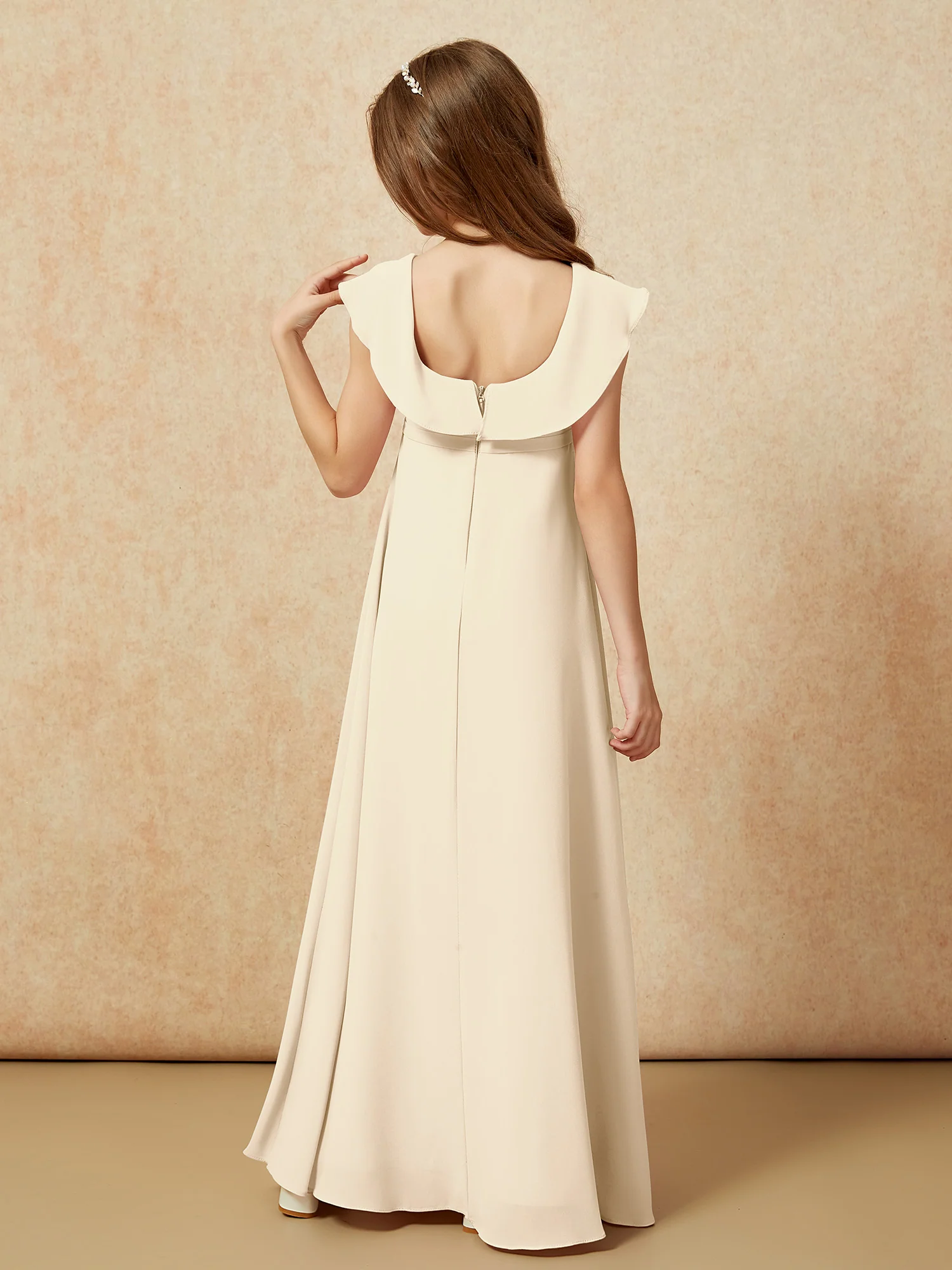Square Neck Chiffon Junior Bridesmaid Dress With Slit Champagne - Image 2