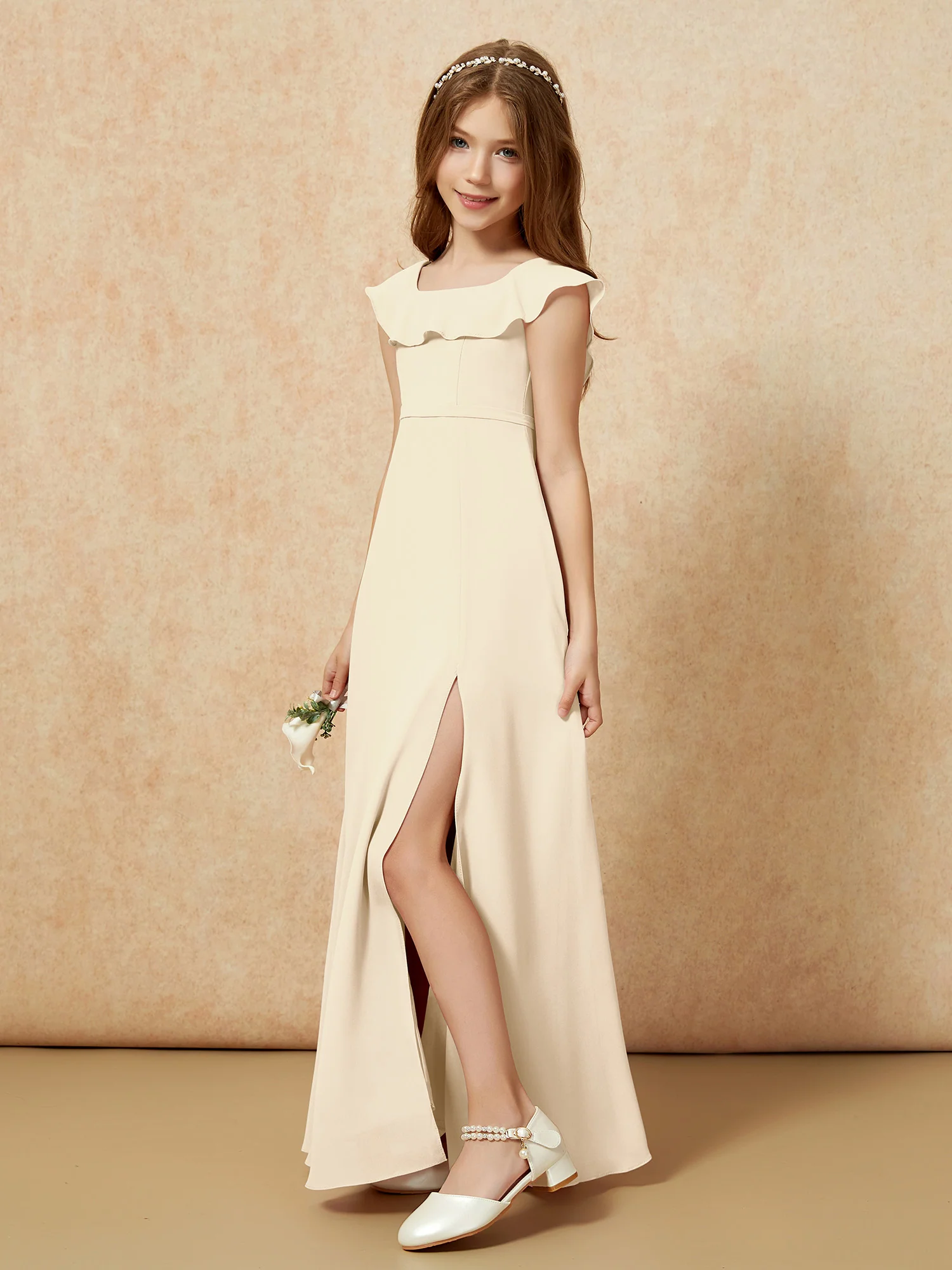 Square Neck Chiffon Junior Bridesmaid Dress With Slit Champagne - Image 3