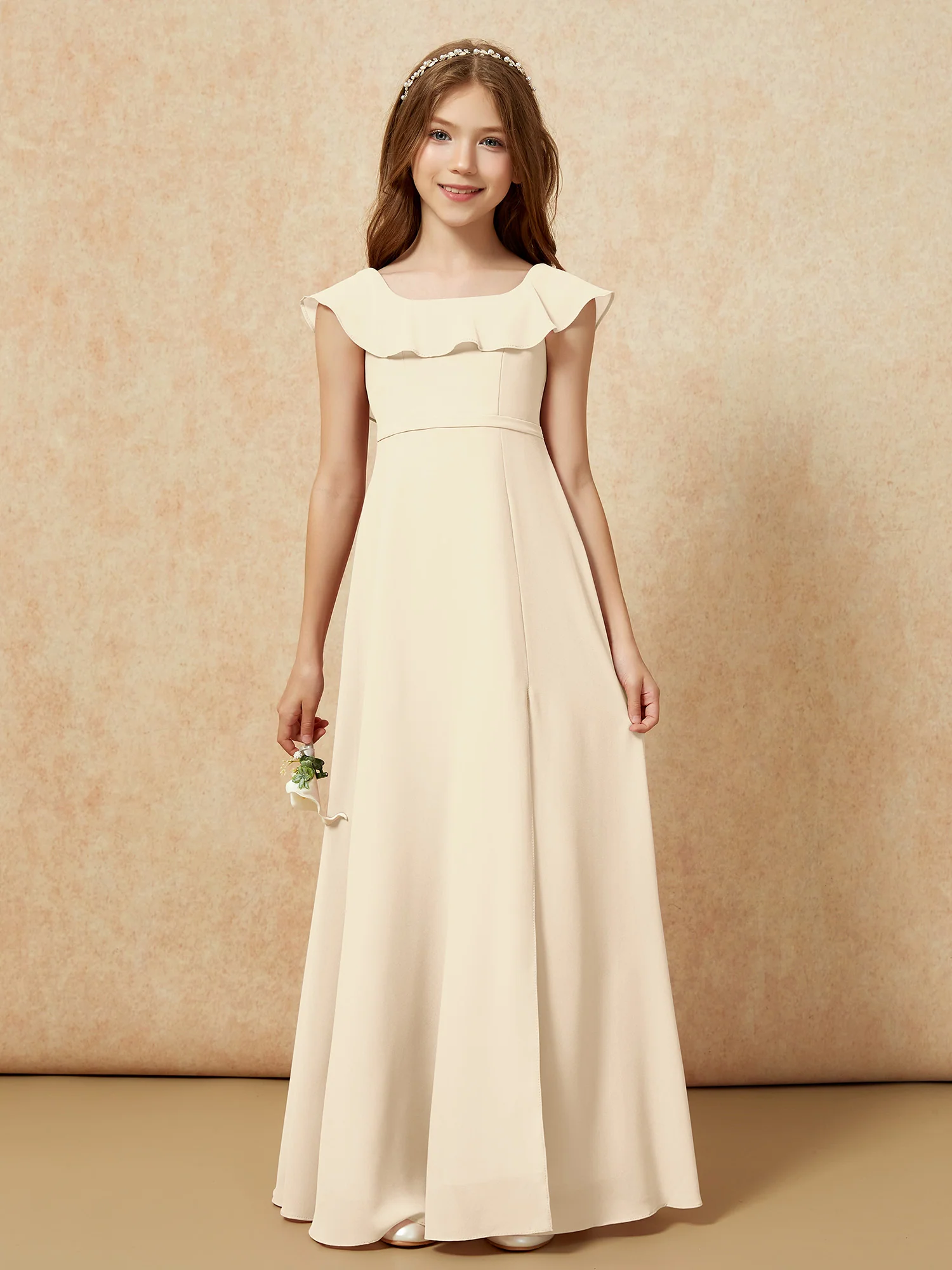 Square Neck Chiffon Junior Bridesmaid Dress With Slit Champagne - Image 4