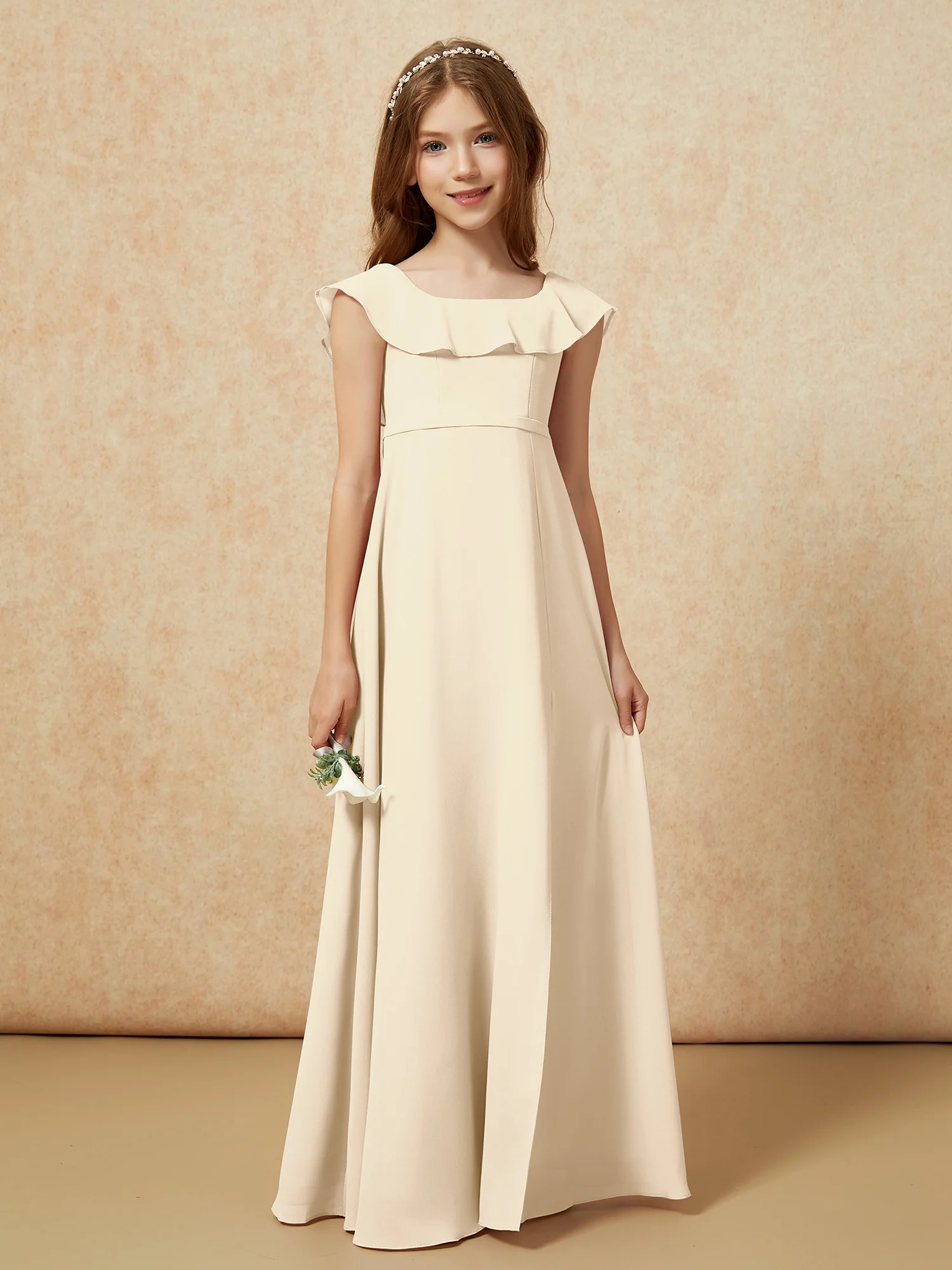 Square Neck Chiffon Junior Bridesmaid Dress With Slit Champagne - Image 5