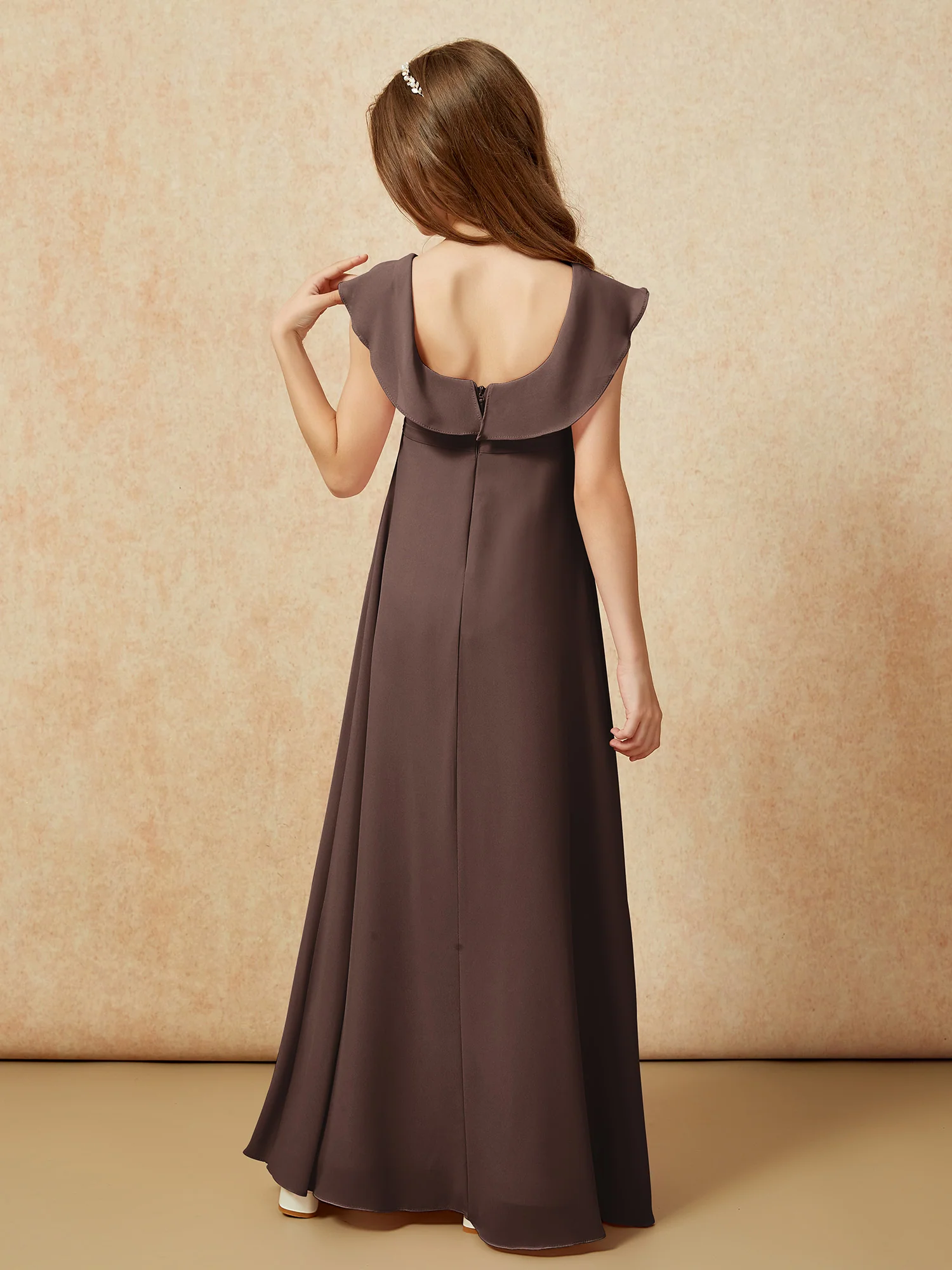 Square Neck Chiffon Junior Bridesmaid Dress With Slit Chocolate - Image 2
