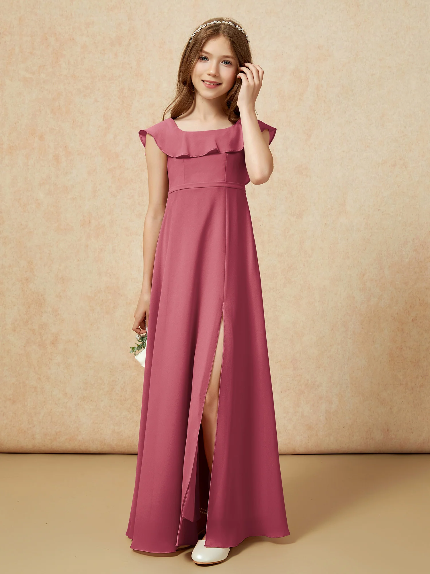 Square Neck Chiffon Junior Bridesmaid Dress With Slit Cinnamon Rose