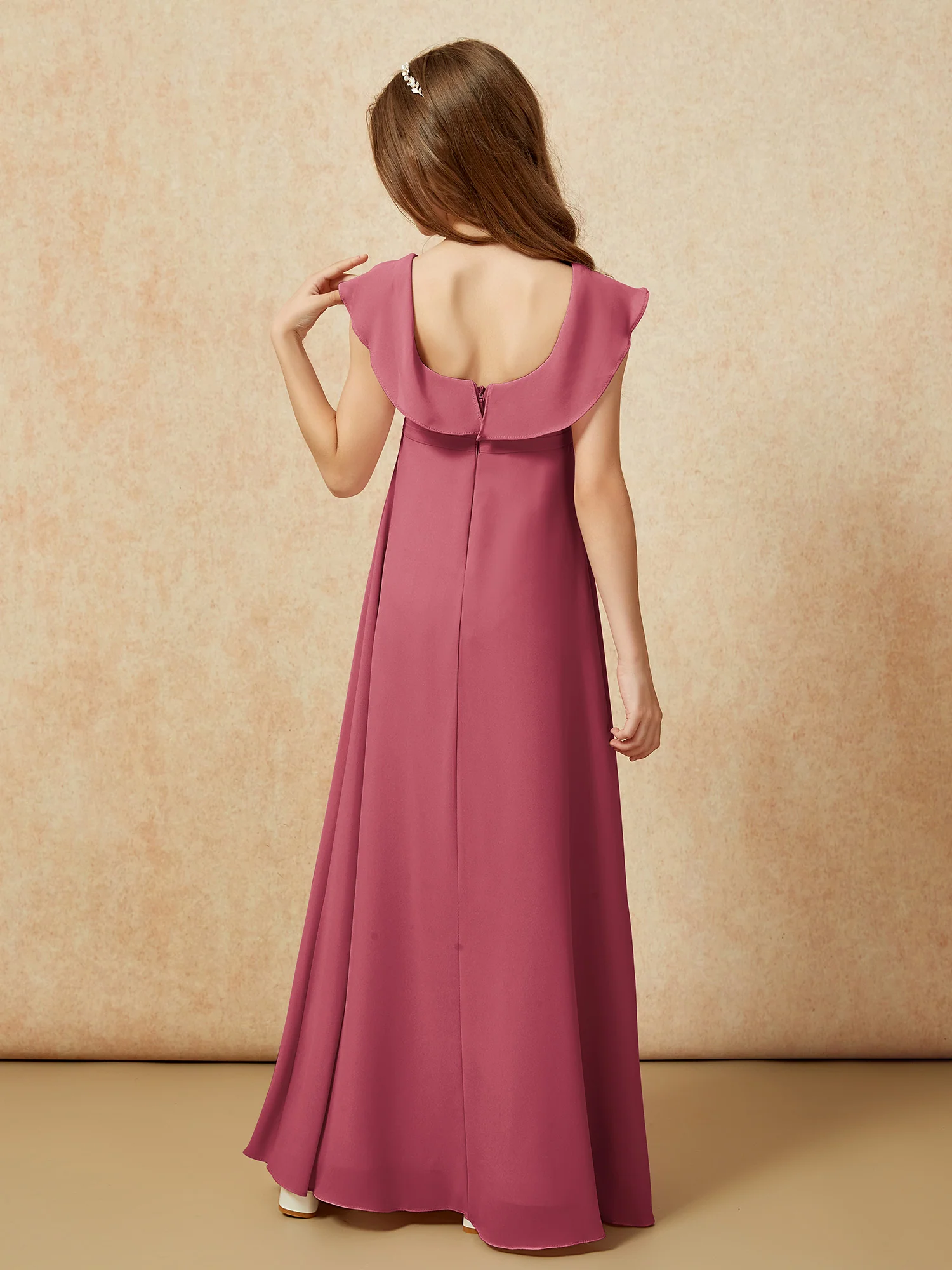 Square Neck Chiffon Junior Bridesmaid Dress With Slit Cinnamon Rose - Image 2