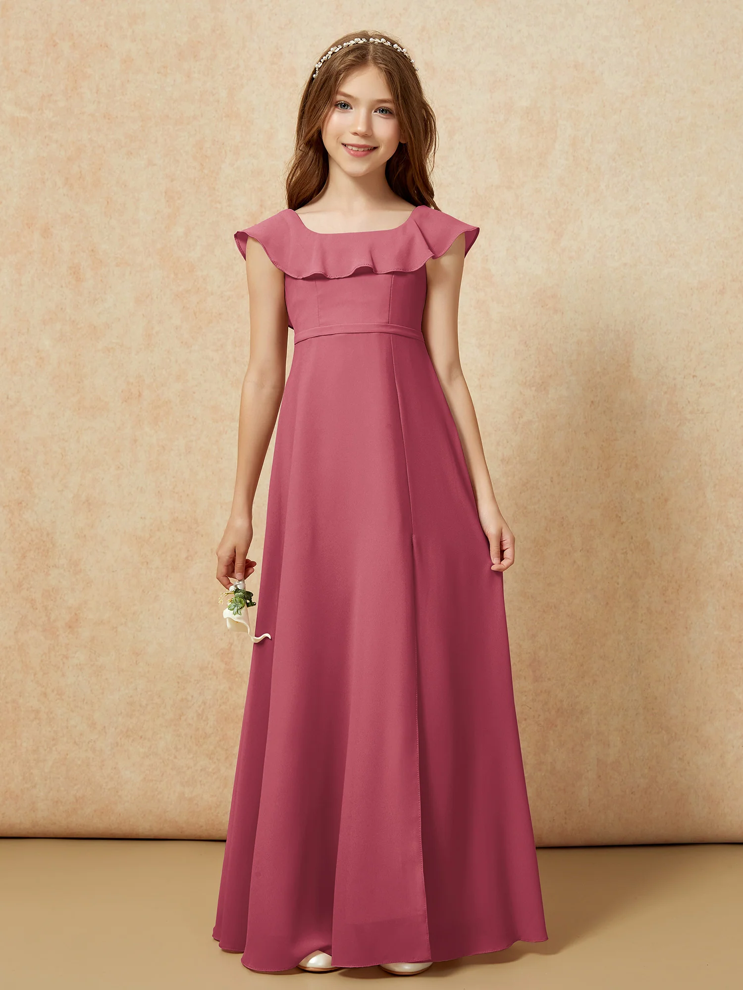Square Neck Chiffon Junior Bridesmaid Dress With Slit Cinnamon Rose - Image 4