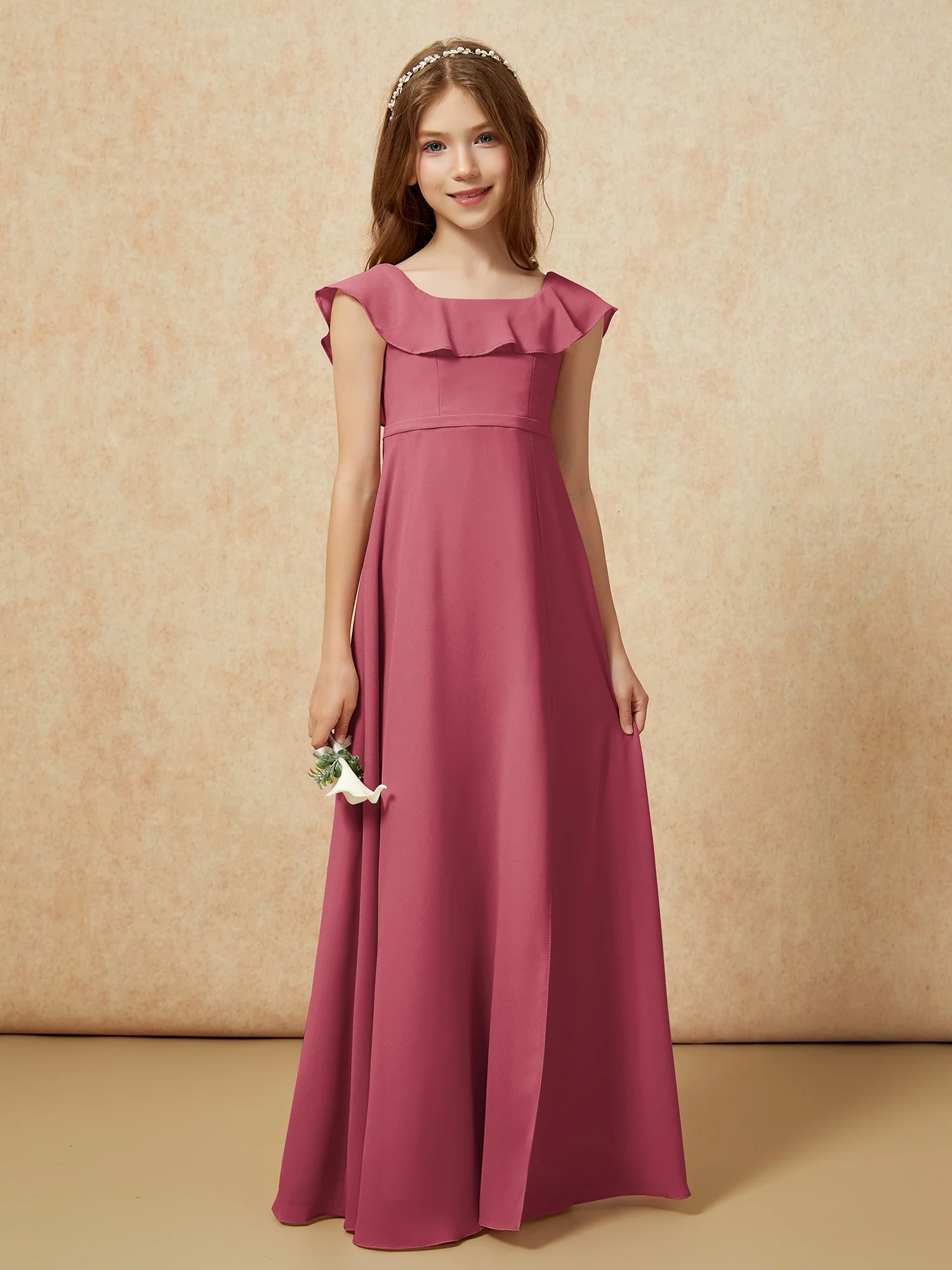 Square Neck Chiffon Junior Bridesmaid Dress With Slit Cinnamon Rose - Image 5