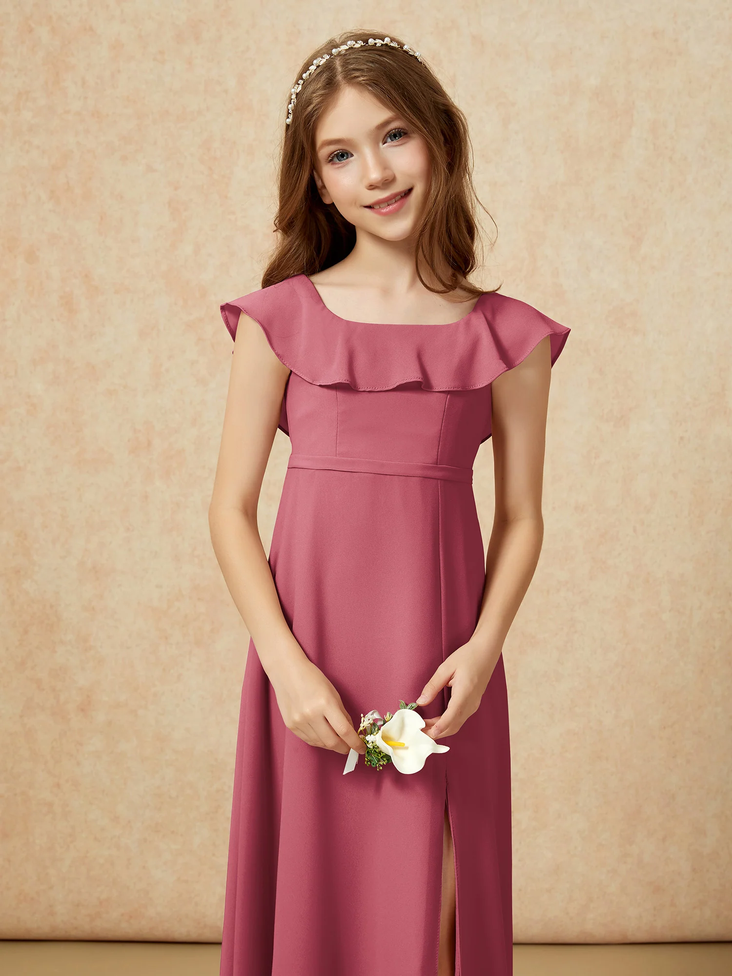 Square Neck Chiffon Junior Bridesmaid Dress With Slit Cinnamon Rose - Image 6