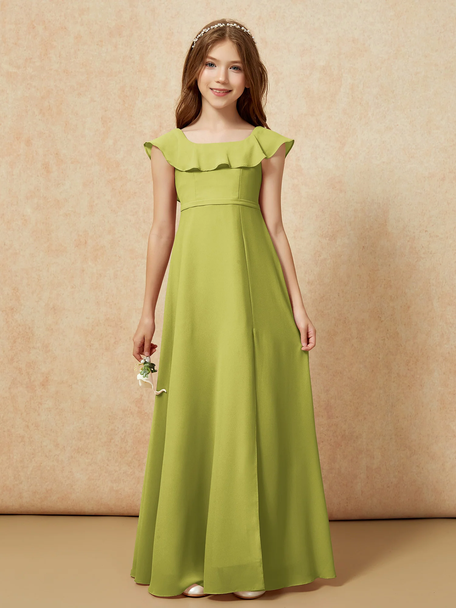 Square Neck Chiffon Junior Bridesmaid Dress With Slit Clover - Image 4