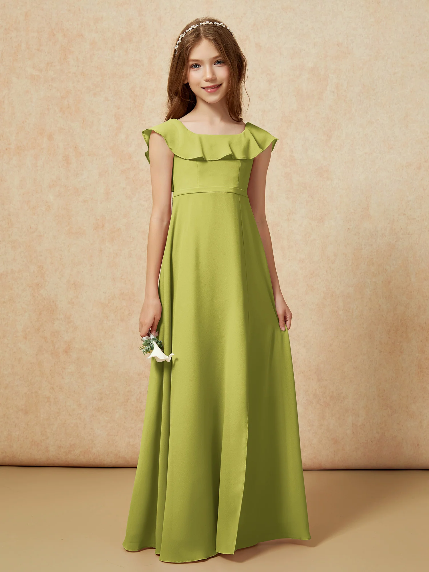 Square Neck Chiffon Junior Bridesmaid Dress With Slit Clover - Image 5