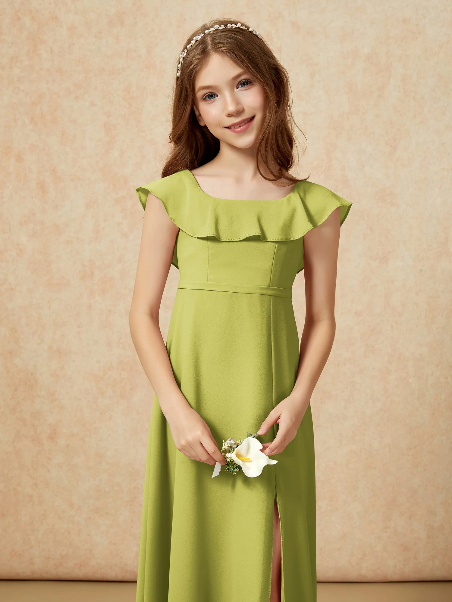Square Neck Chiffon Junior Bridesmaid Dress With Slit Clover - Image 6