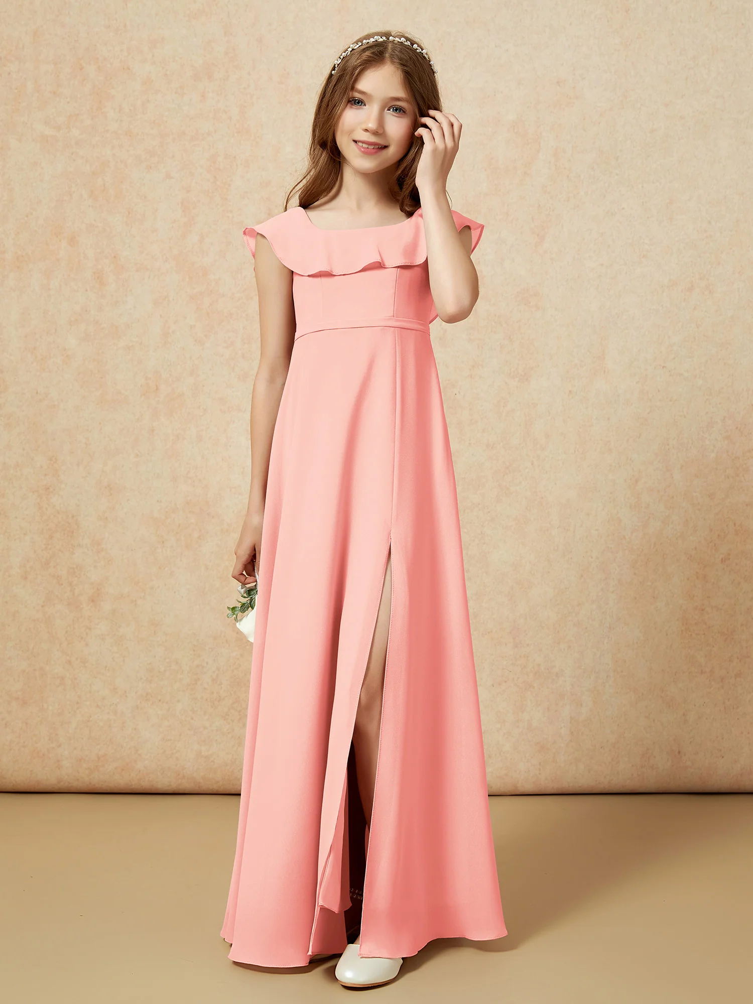 Square Neck Chiffon Junior Bridesmaid Dress With Slit Coral