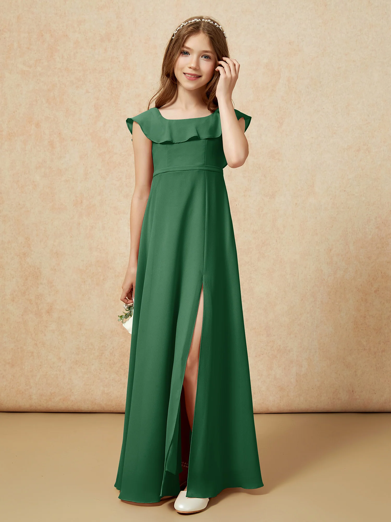 Square Neck Chiffon Junior Bridesmaid Dress With Slit Dark Green