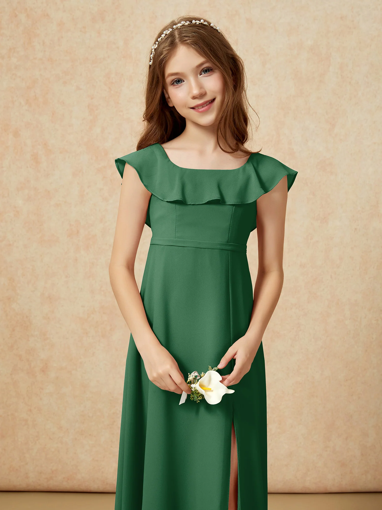 Square Neck Chiffon Junior Bridesmaid Dress With Slit Dark Green - Image 6
