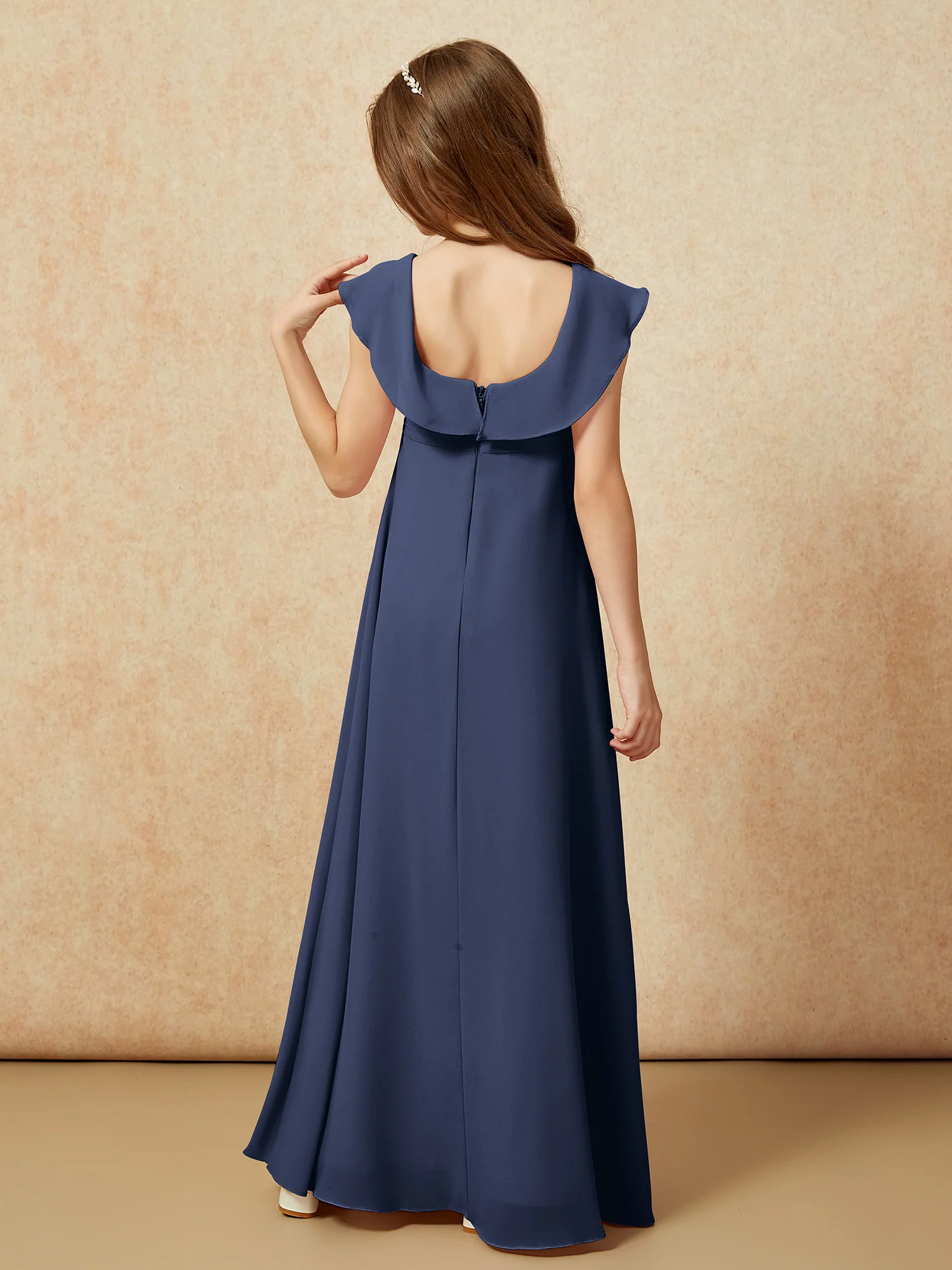 Square Neck Chiffon Junior Bridesmaid Dress With Slit Dark Navy - Image 2