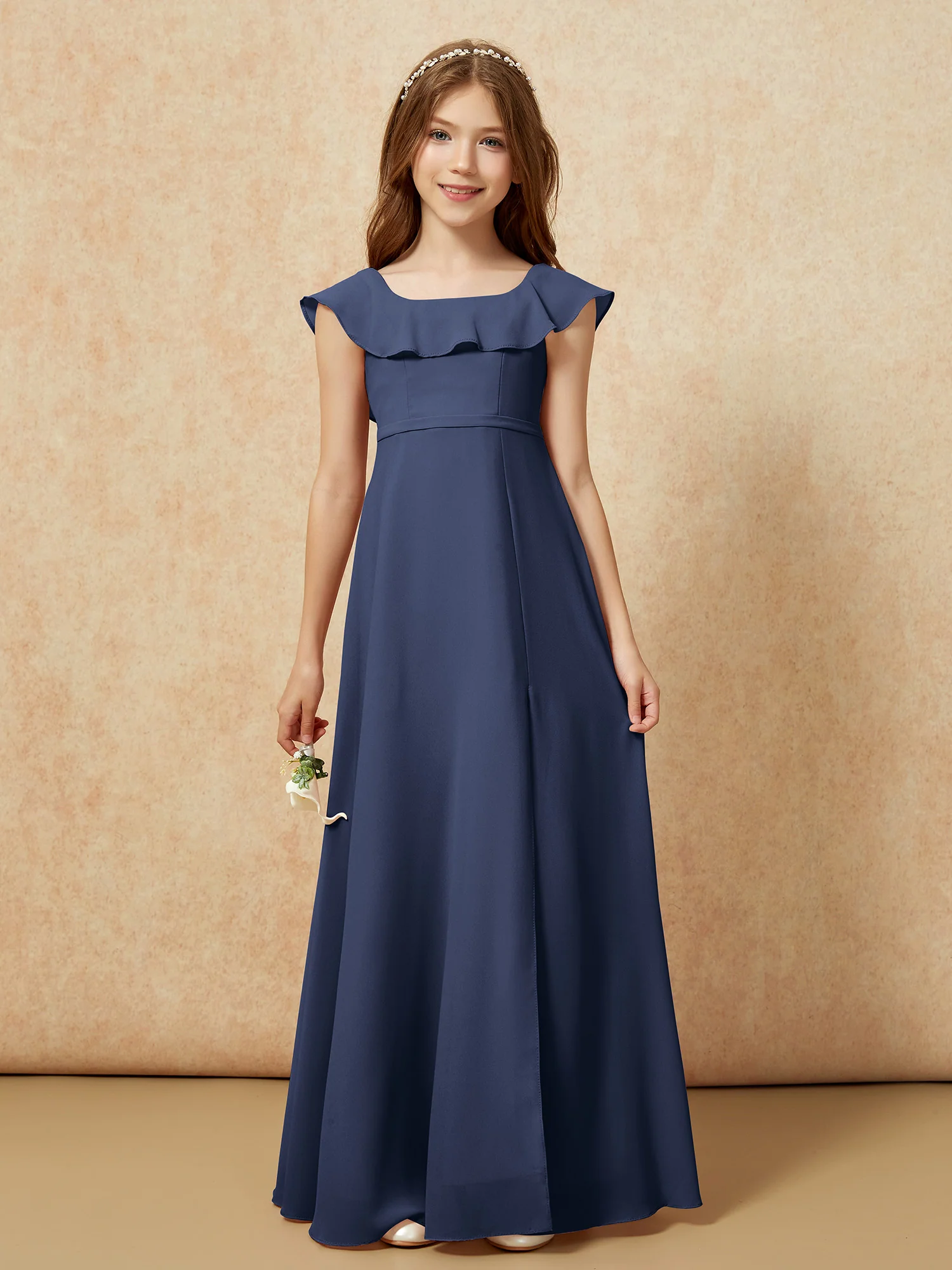 Square Neck Chiffon Junior Bridesmaid Dress With Slit Dark Navy - Image 4