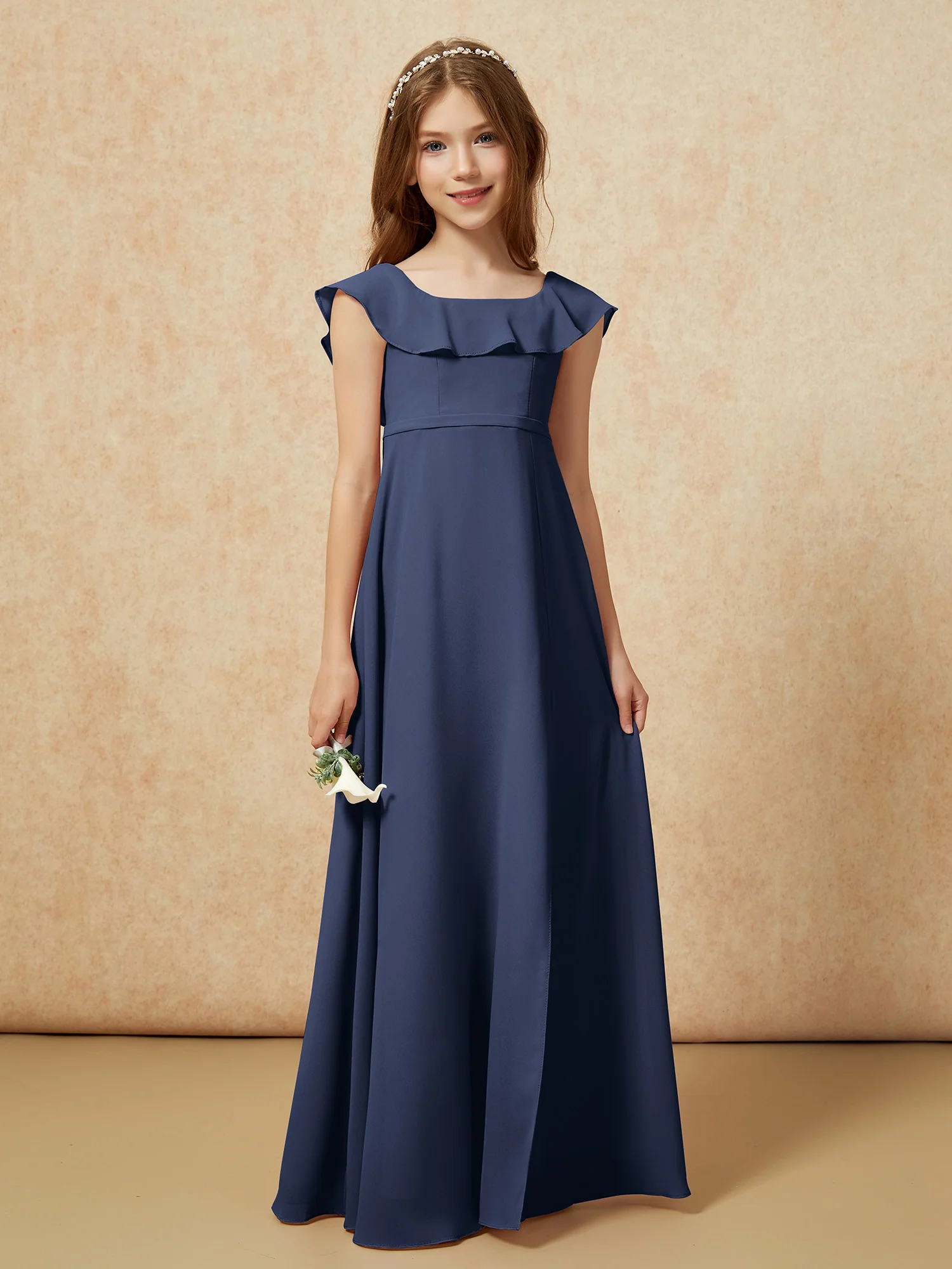 Square Neck Chiffon Junior Bridesmaid Dress With Slit Dark Navy - Image 5