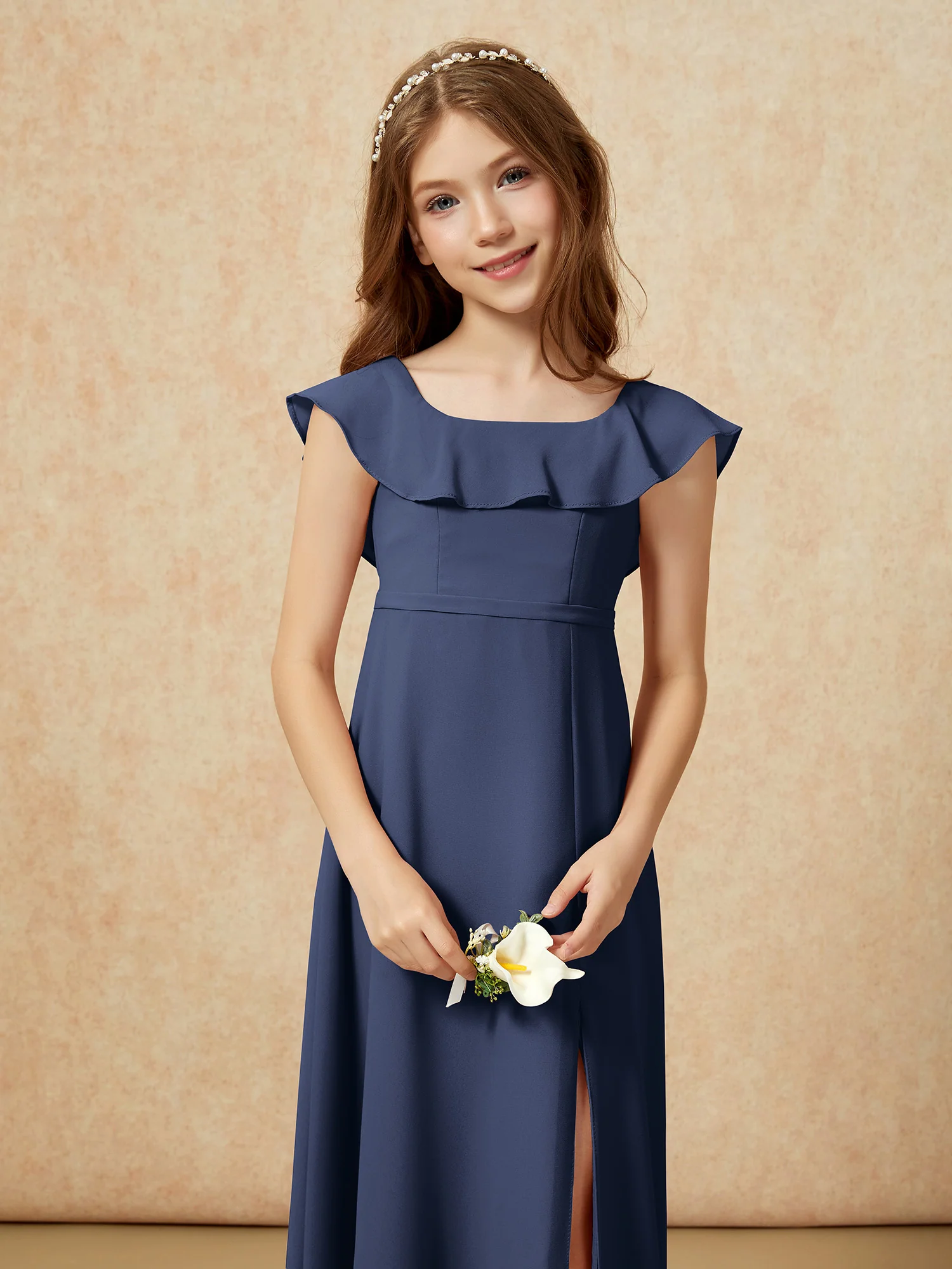 Square Neck Chiffon Junior Bridesmaid Dress With Slit Dark Navy - Image 6